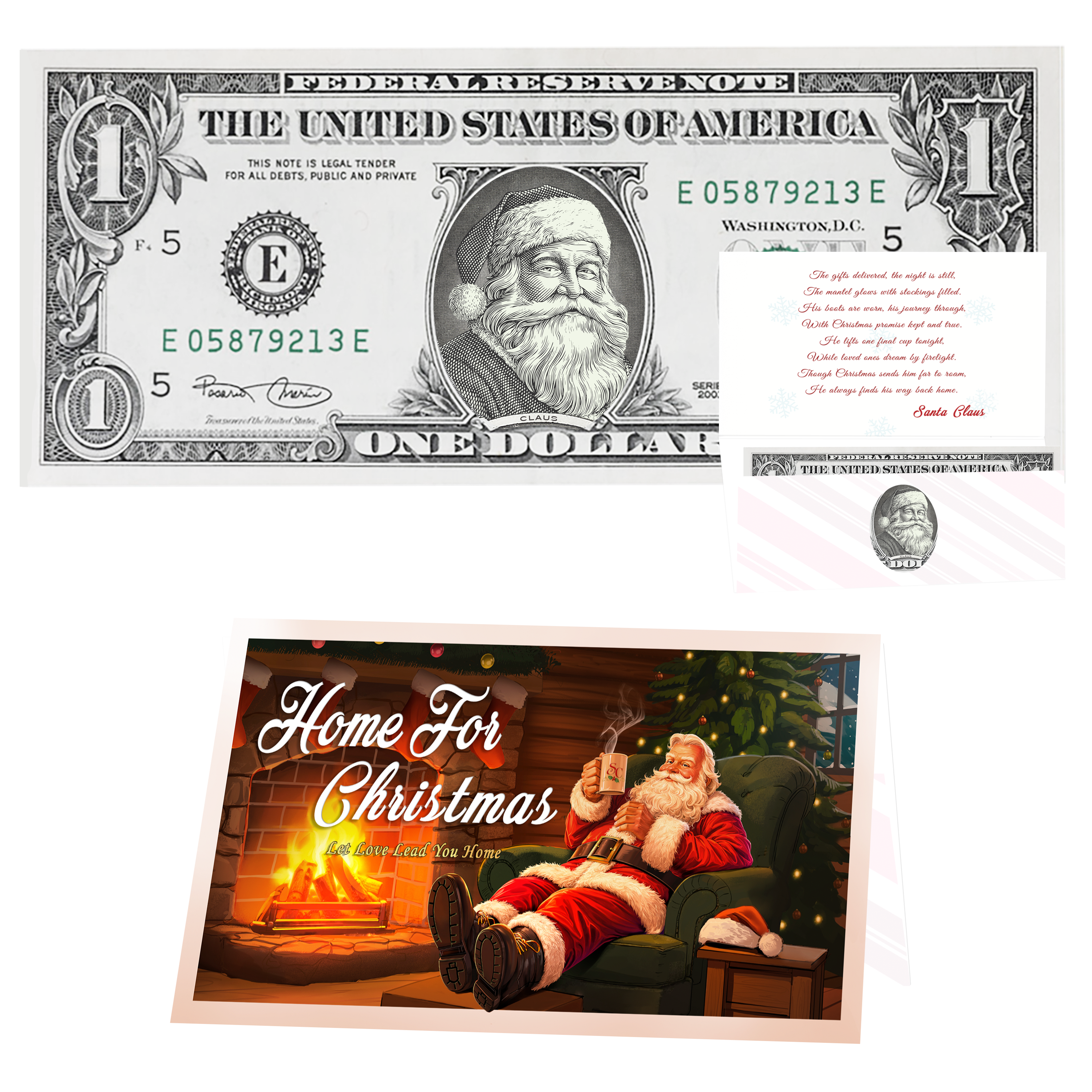 Holiday Dollars Red Rosy Cheeks Santa genuine U.S. $1 Santa dollar bill with Home for Christmas presentation card.