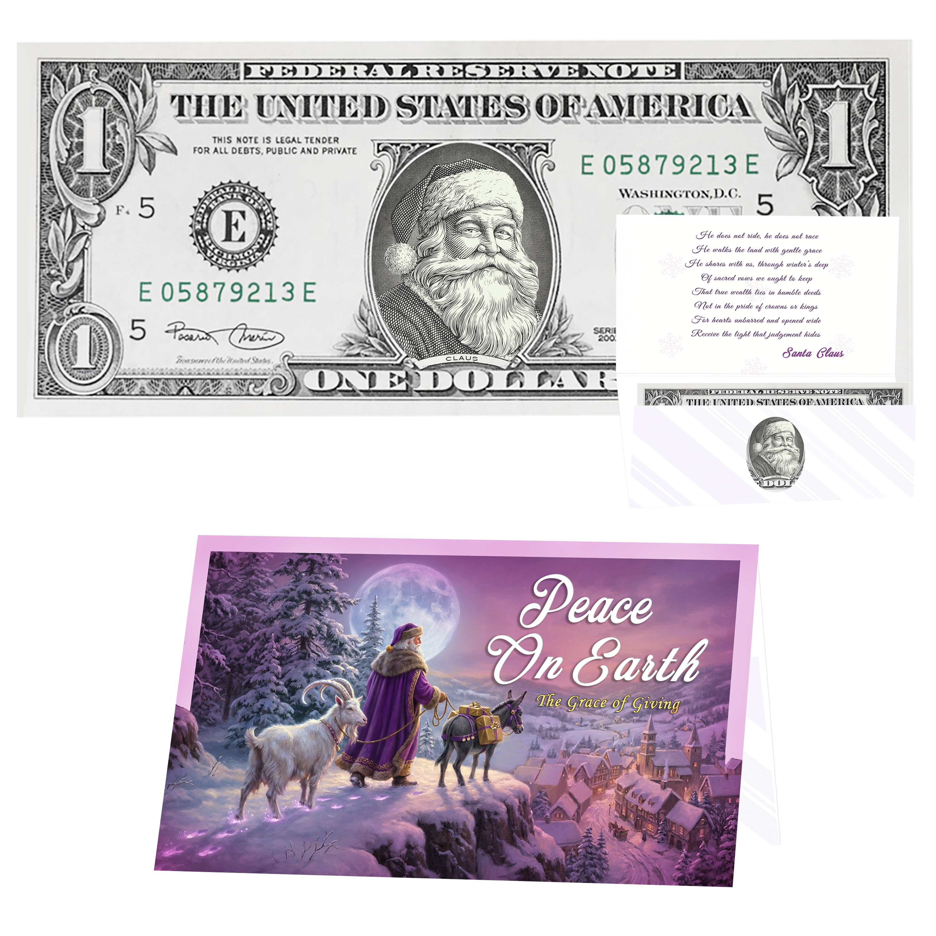 Holiday Dollars Red Rosy Cheeks Santa genuine U.S. $1 Santa dollar bill with Peace on Earth presentation card.