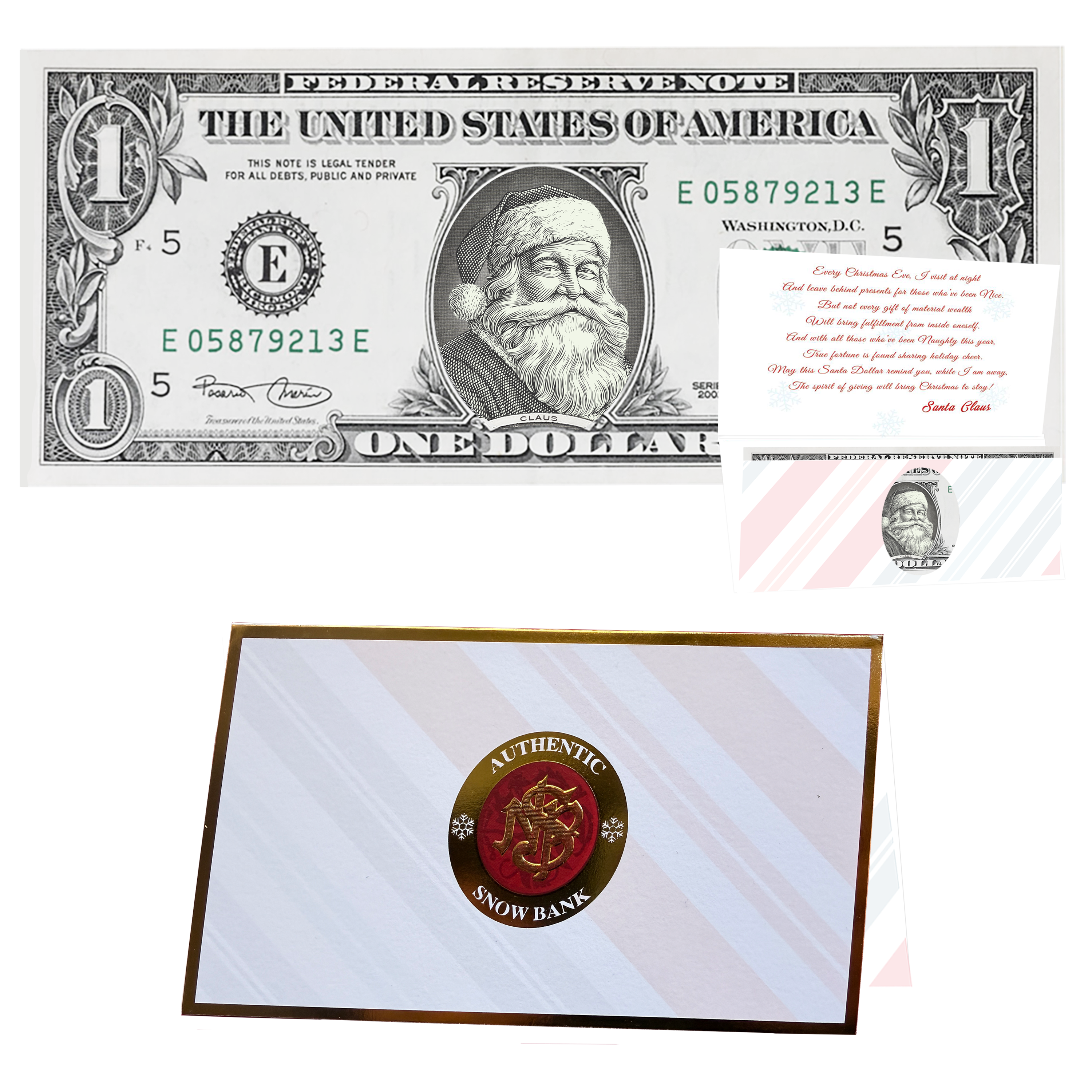 Holiday Dollars Red Rosy Cheeks Santa genuine U.S. $1 Santa dollar bill with Snow Bank presentation card.