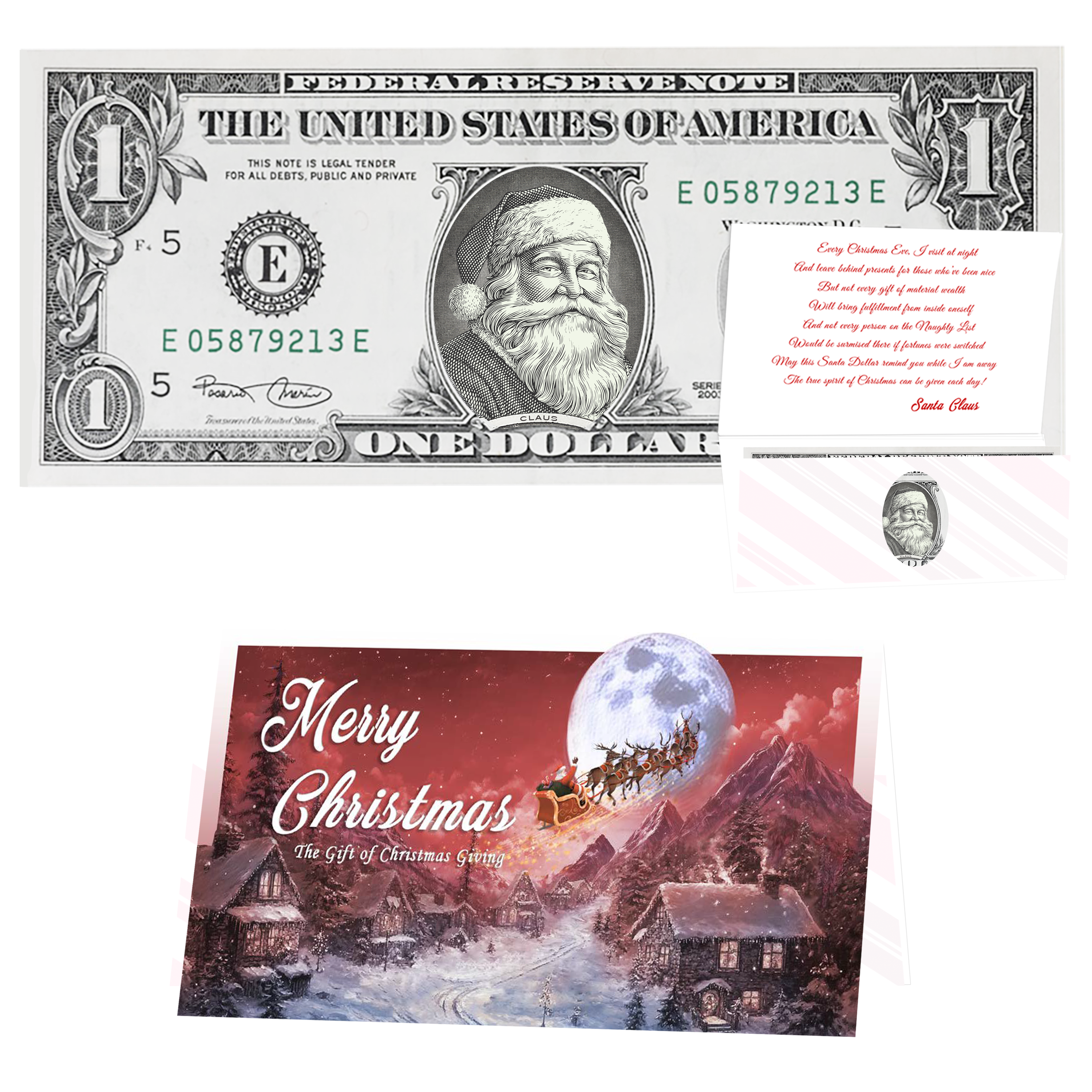 Holiday Dollars Red Rosy Cheeks Santa genuine U.S. $1 Santa dollar bill with To All a Goodnight presentation card.