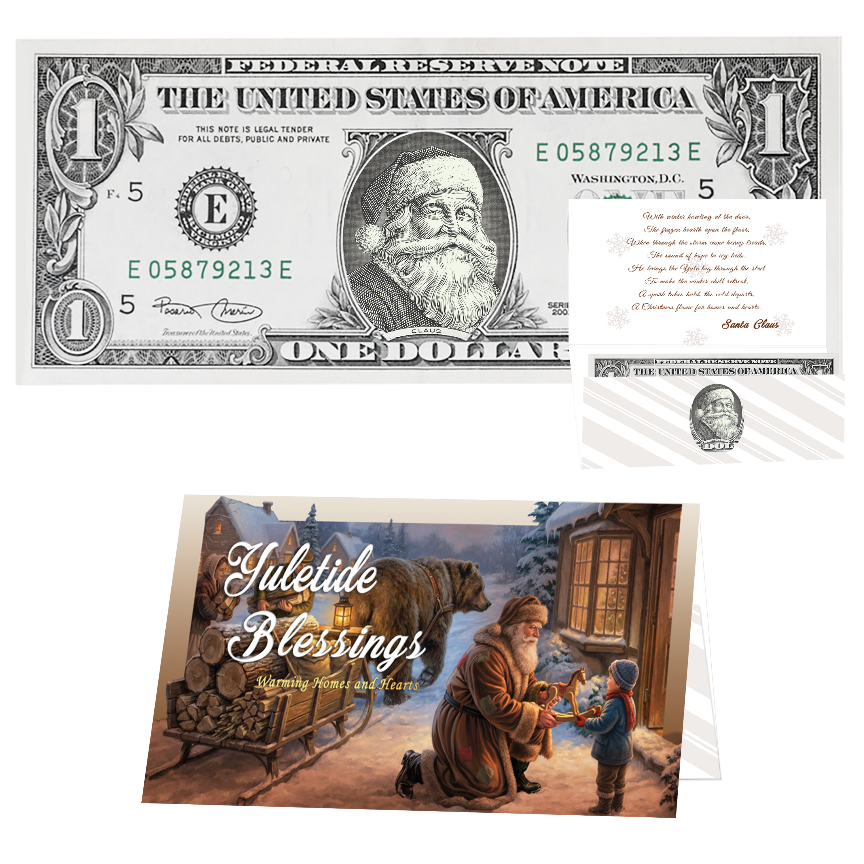 Holiday Dollars Red Rosy Cheeks Santa genuine U.S. $1 Santa dollar bill with Yuletide Blessings presentation card.