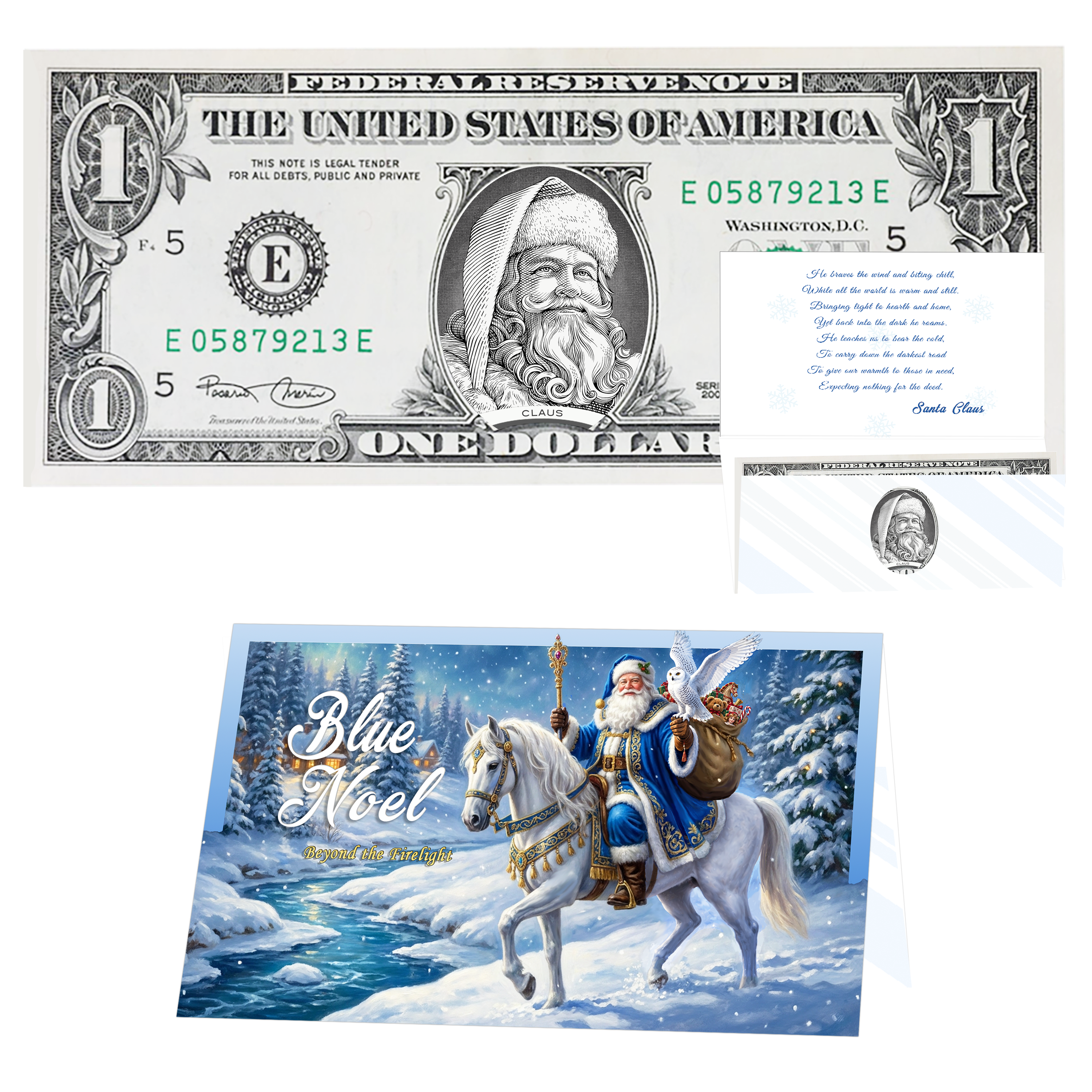 Holiday Dollars Santa the White genuine U.S. $1 Santa dollar bill with Blue Noel presentation card.