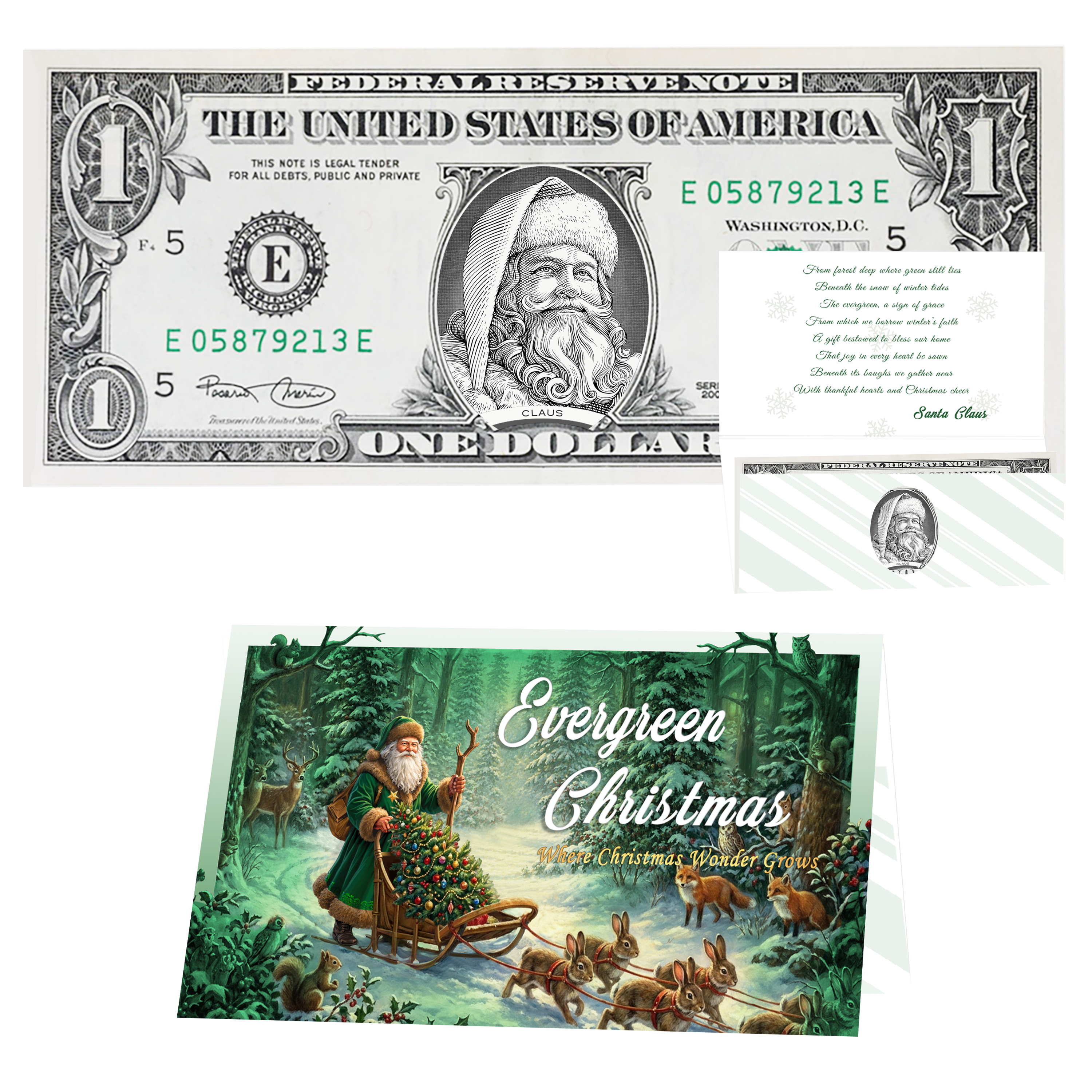 Holiday Dollars Santa the White genuine U.S. $1 Santa dollar bill with Evergreen Christmas presentation card.