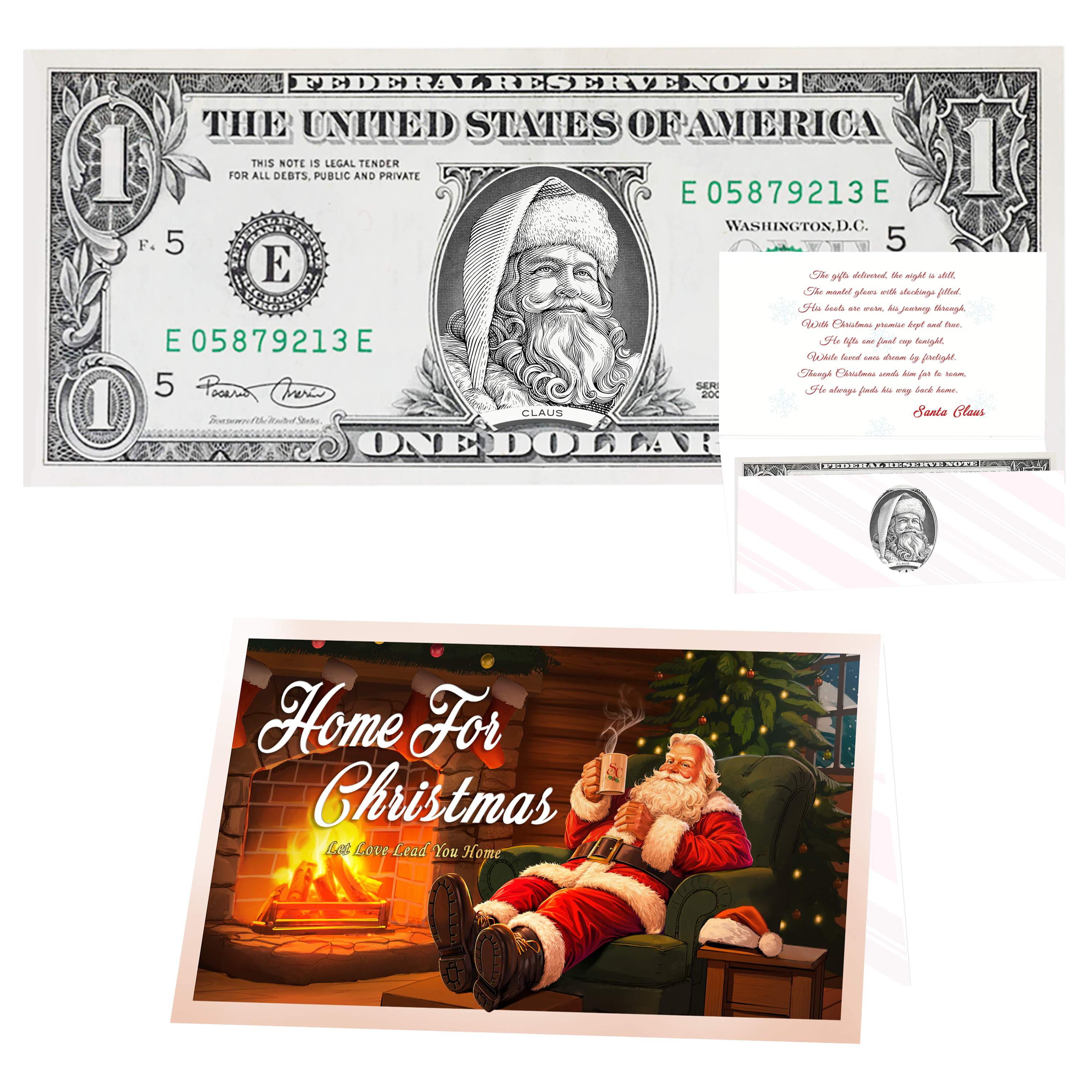 Holiday Dollars Santa the White genuine U.S. $1 Santa dollar bill with Home for Christmas presentation card.