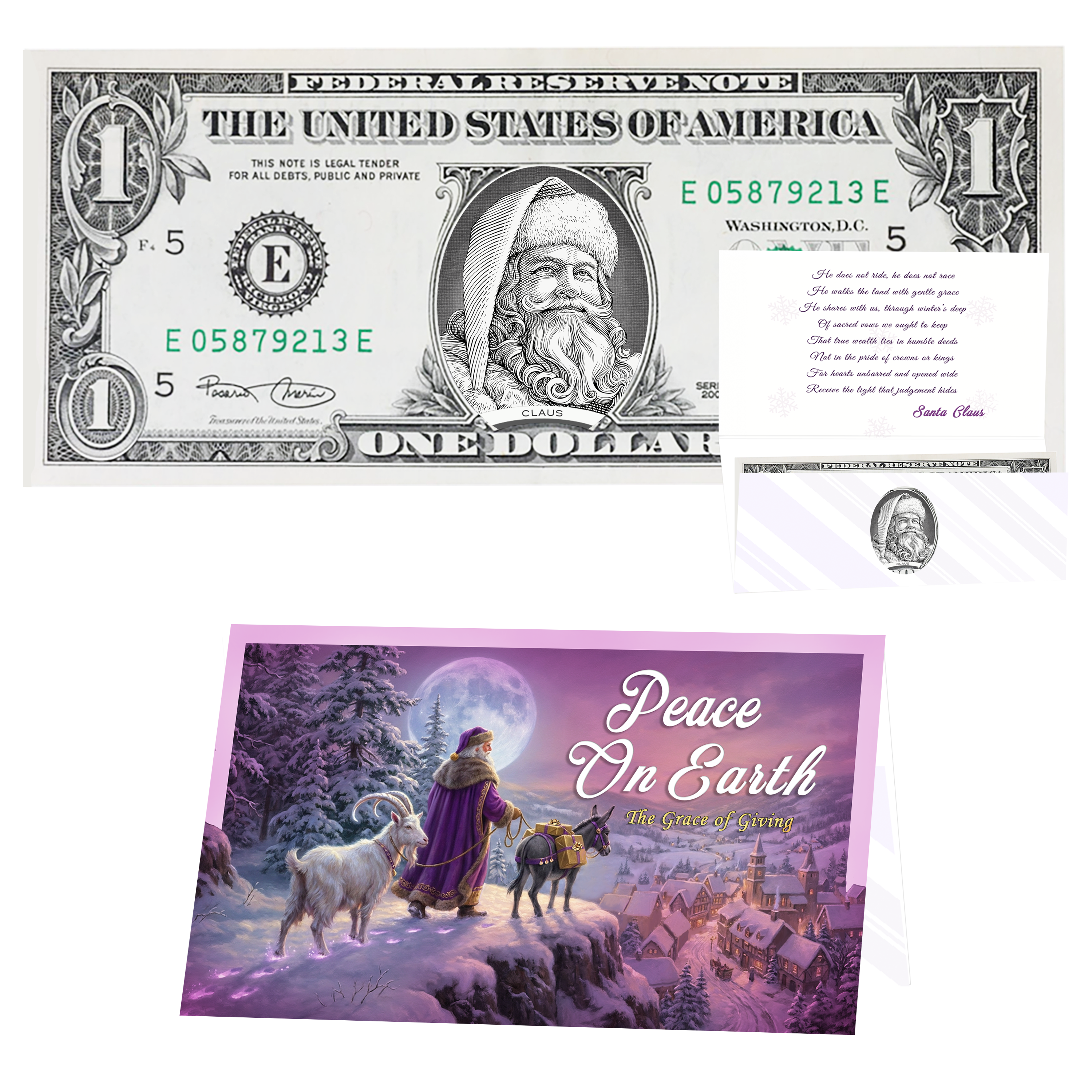 Holiday Dollars Santa the White genuine U.S. $1 Santa dollar bill with Peace on Earth presentation card.