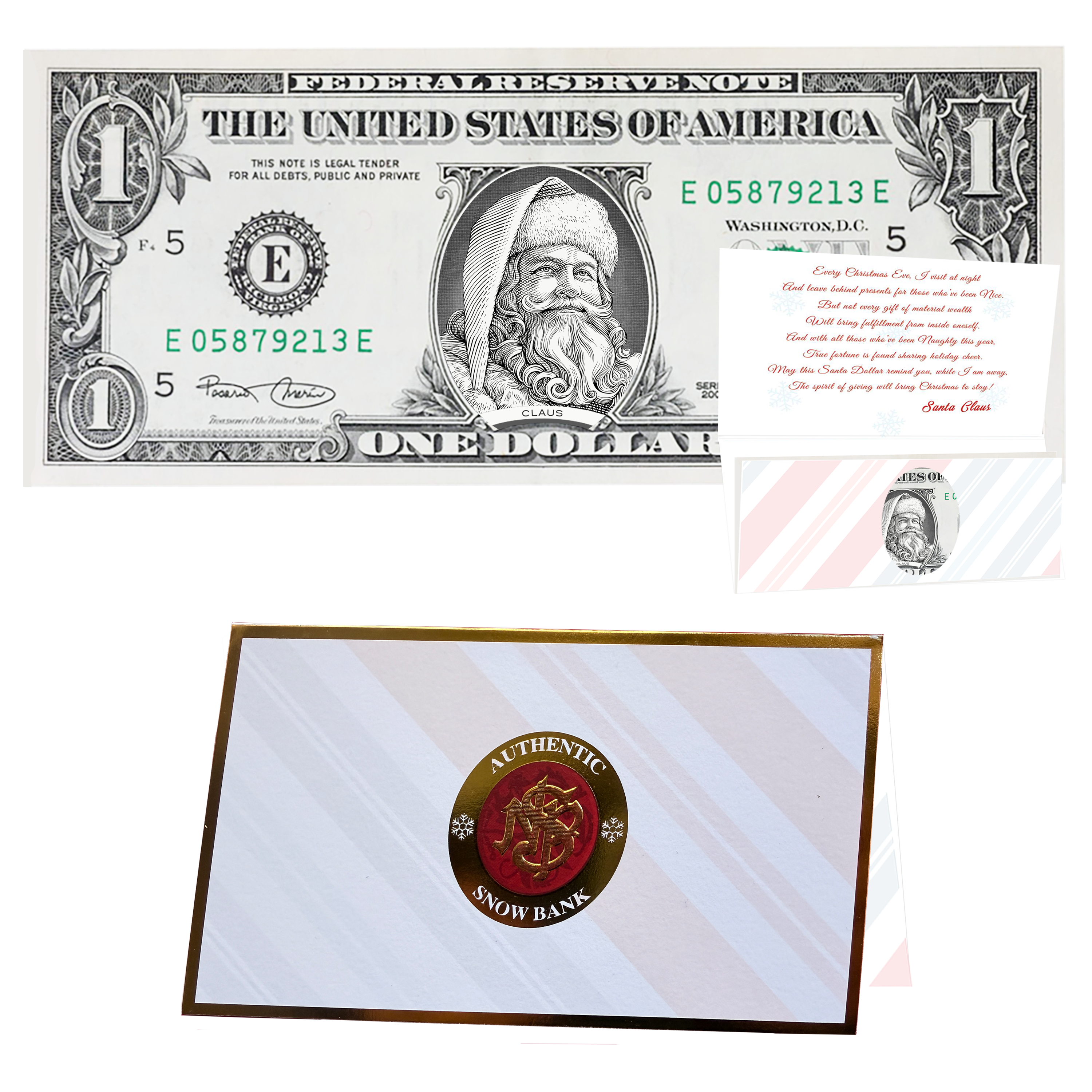 Holiday Dollars Santa the White genuine U.S. $1 Santa dollar bill with Snow Bank presentation card.