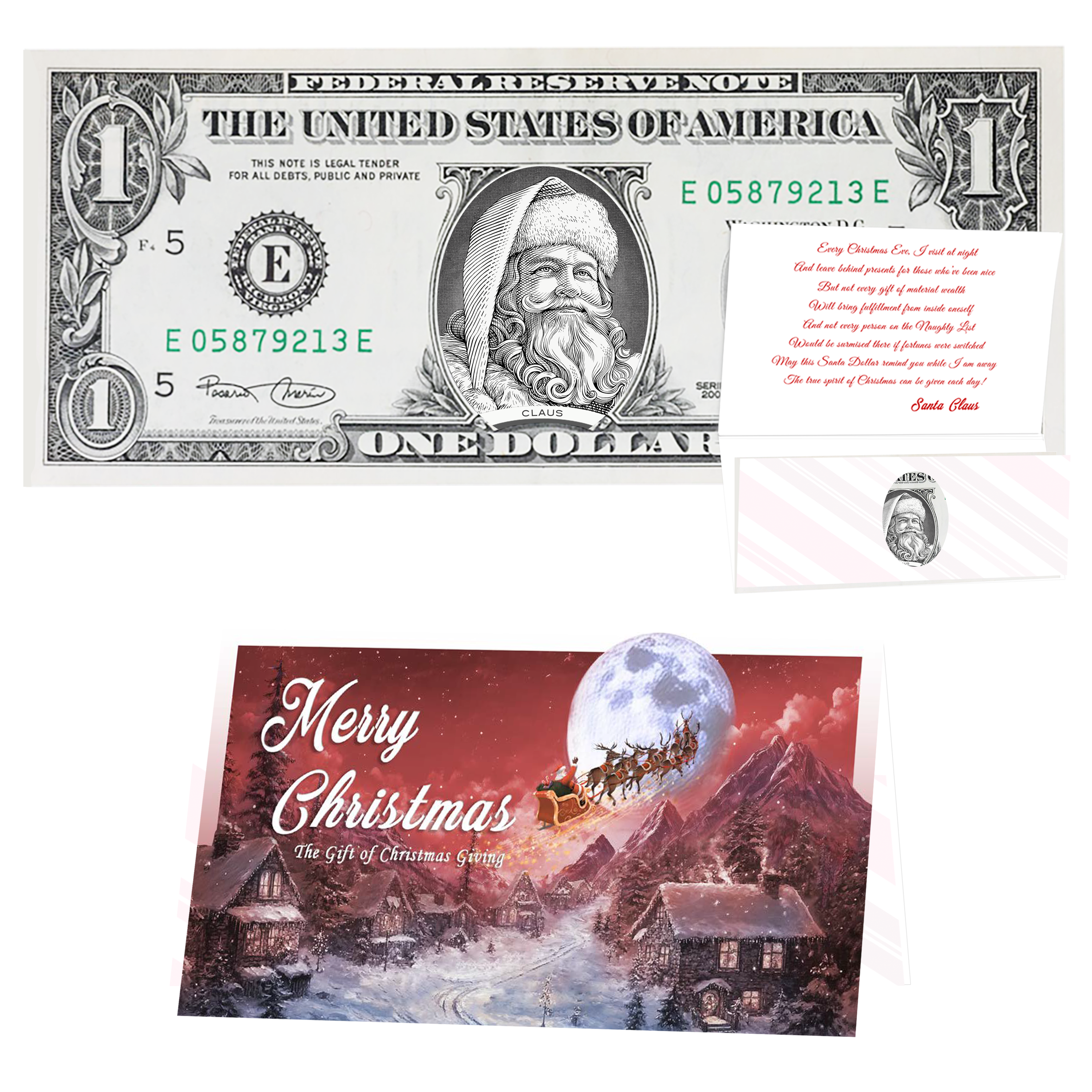Santa Dollar Bill – Beard White as Snow Santa – Genuine U.S. $1 with Christmas Card