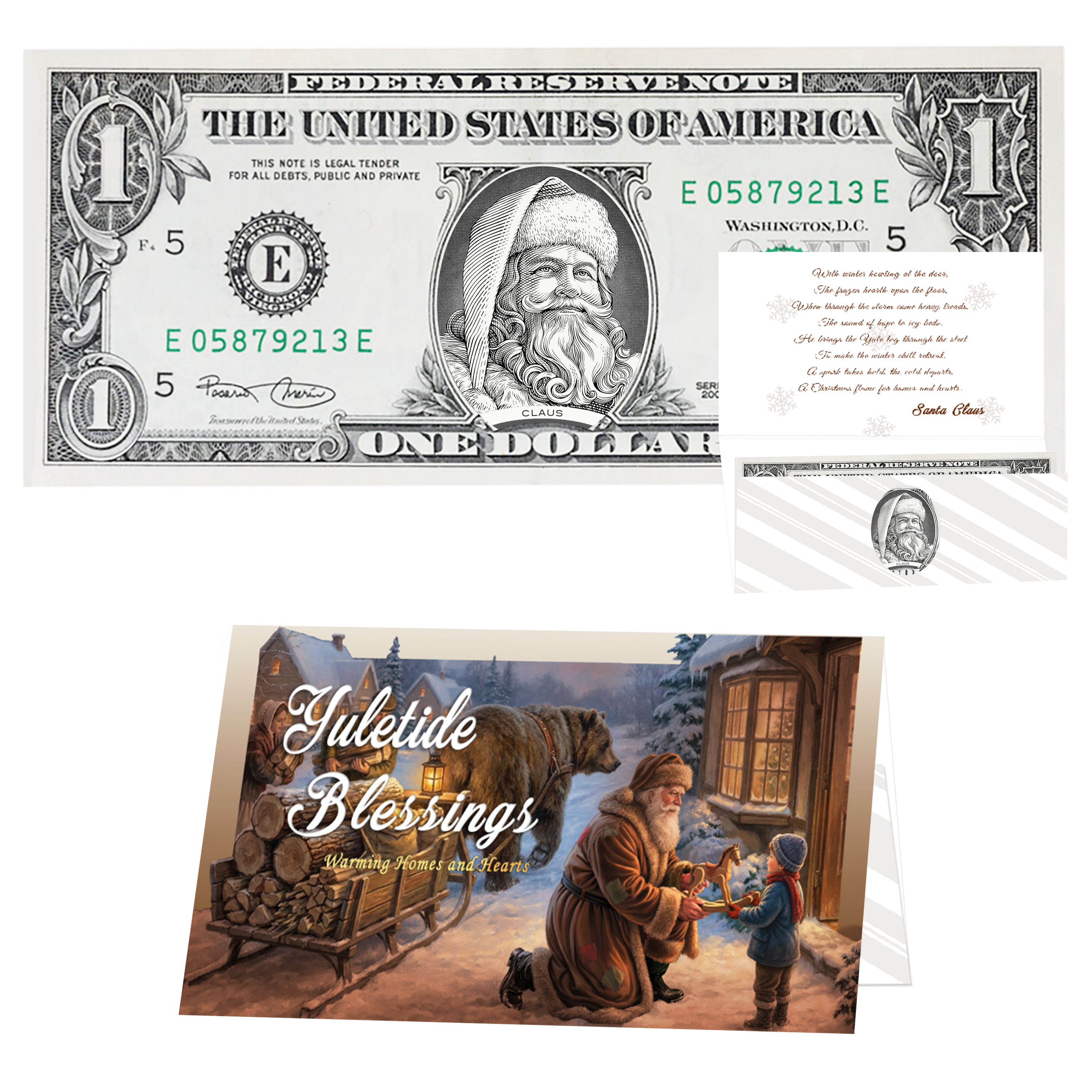 Holiday Dollars Santa the White genuine U.S. $1 Santa dollar bill with Yuletide Blessings presentation card.