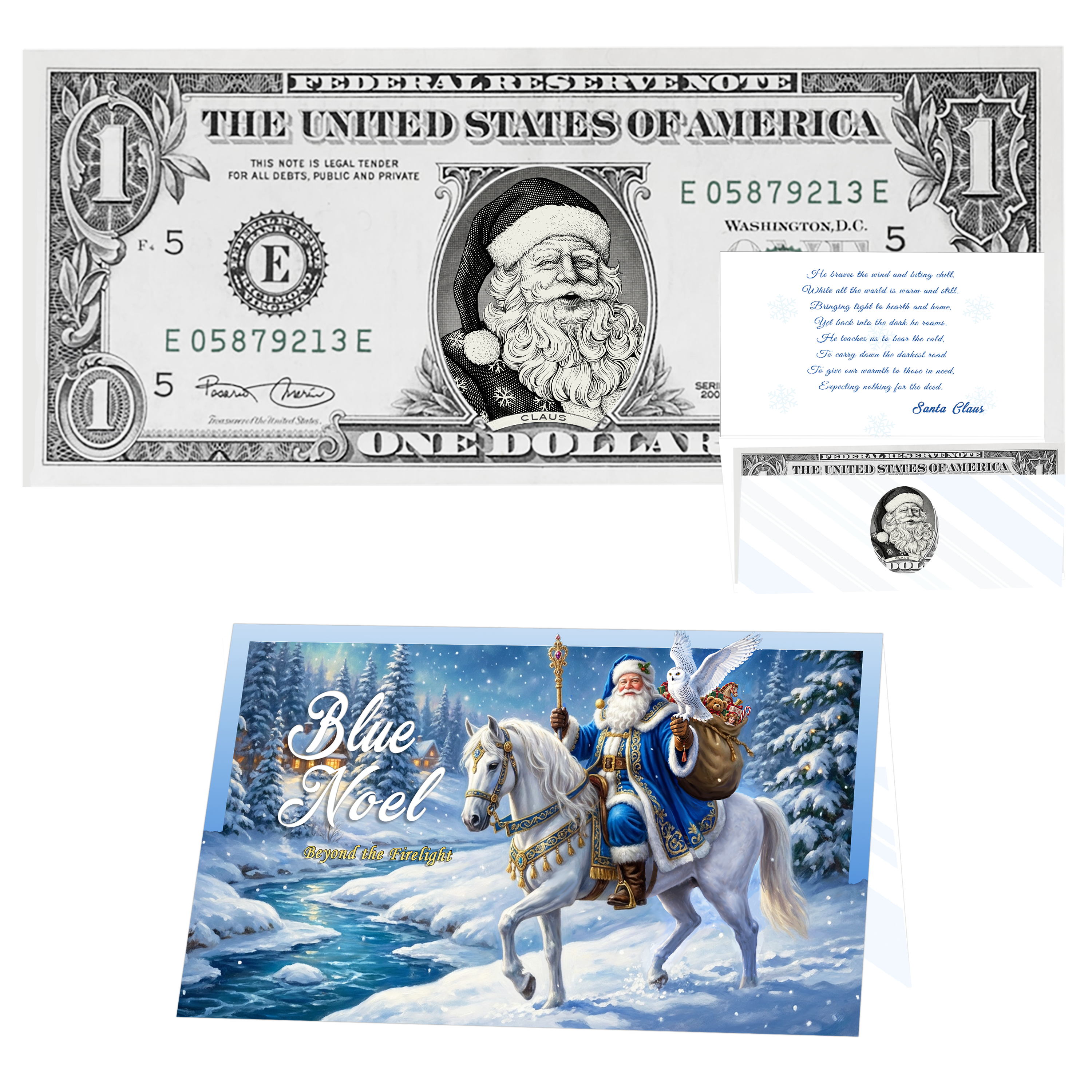 Holiday Dollars Snowflake Santa genuine U.S. $1 Santa dollar bill with Blue Noel presentation card.