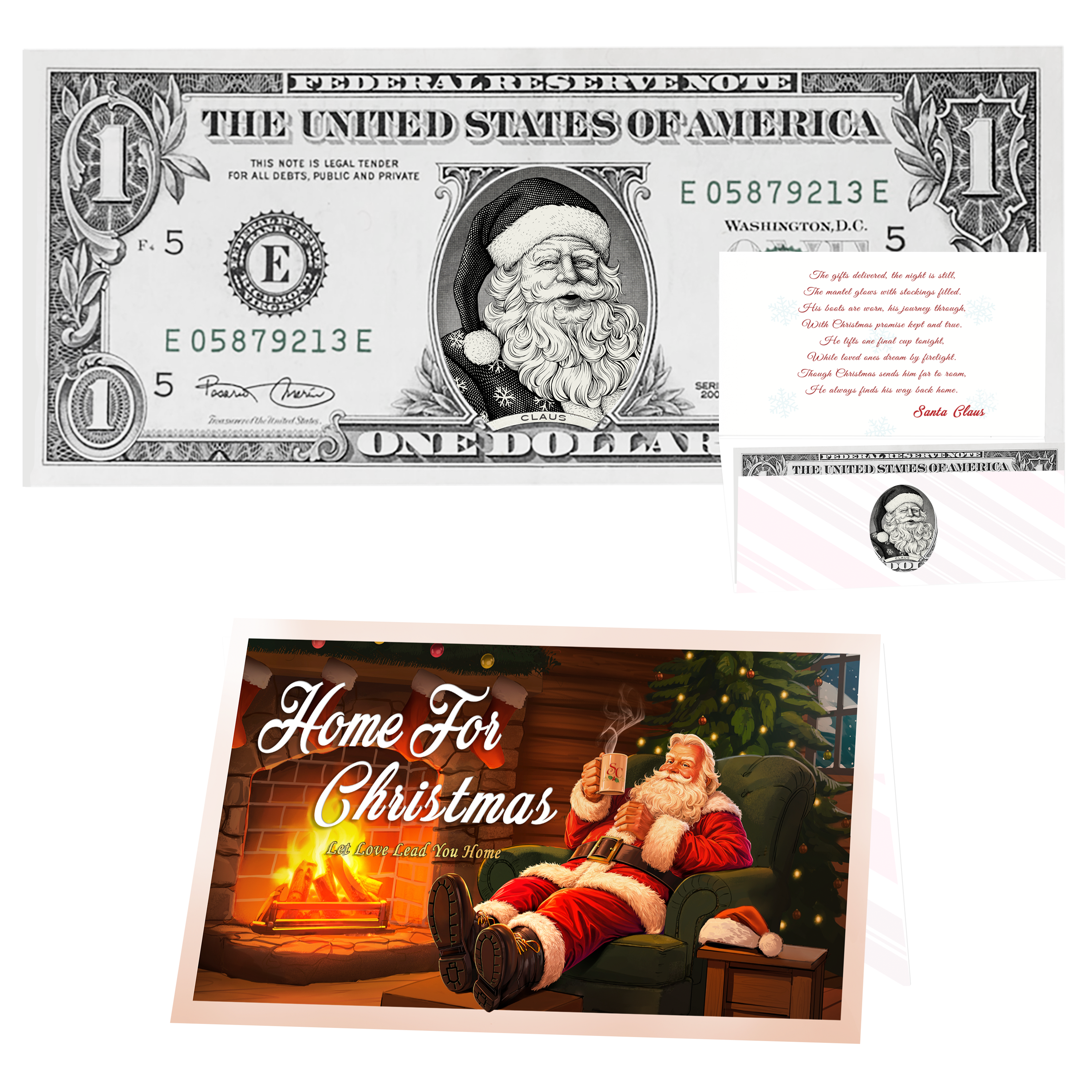 Holiday Dollars Snowflake Santa genuine U.S. $1 Santa dollar bill with Home for Christmas presentation card.