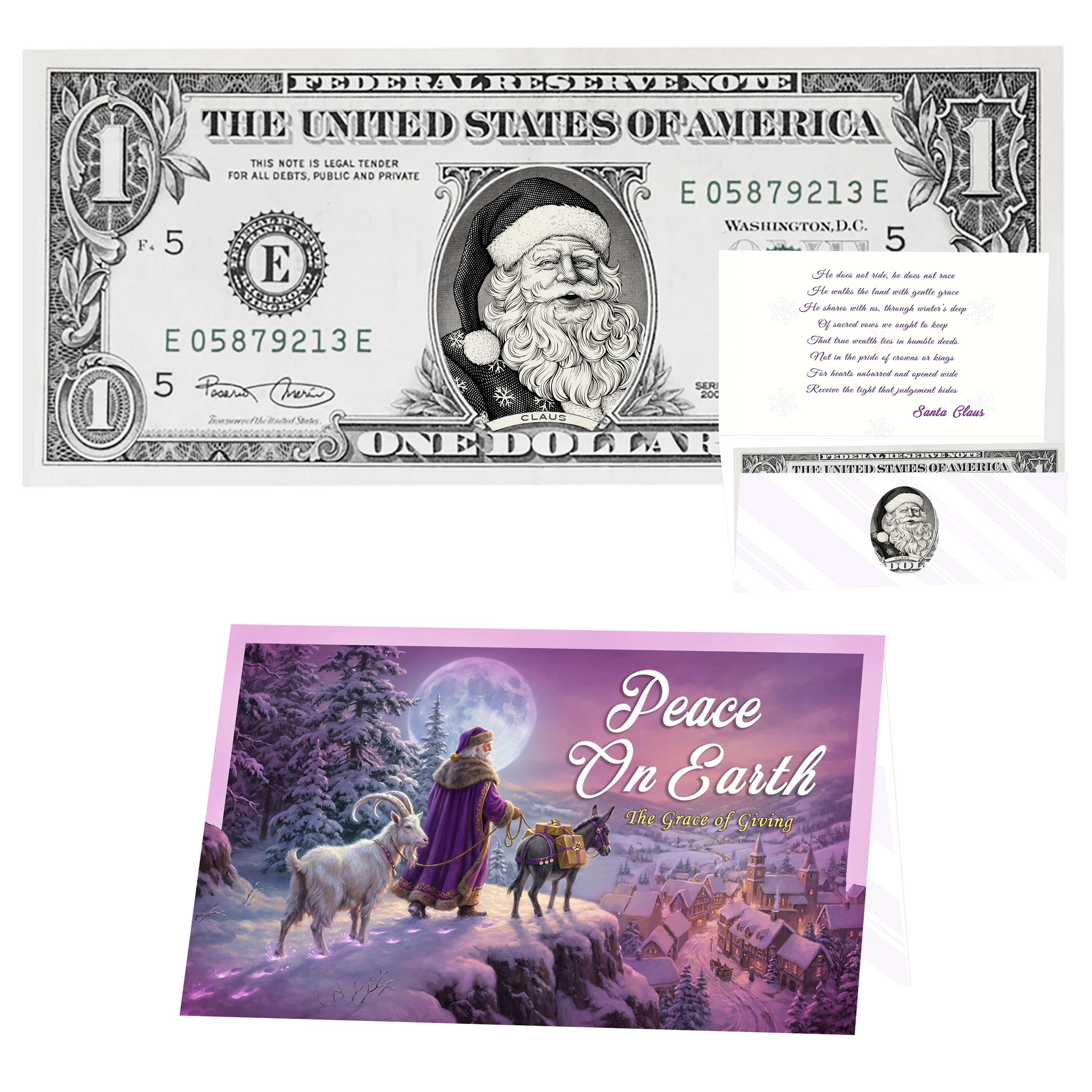 Holiday Dollars Snowflake Santa genuine U.S. $1 Santa dollar bill with Peace on Earth presentation card.