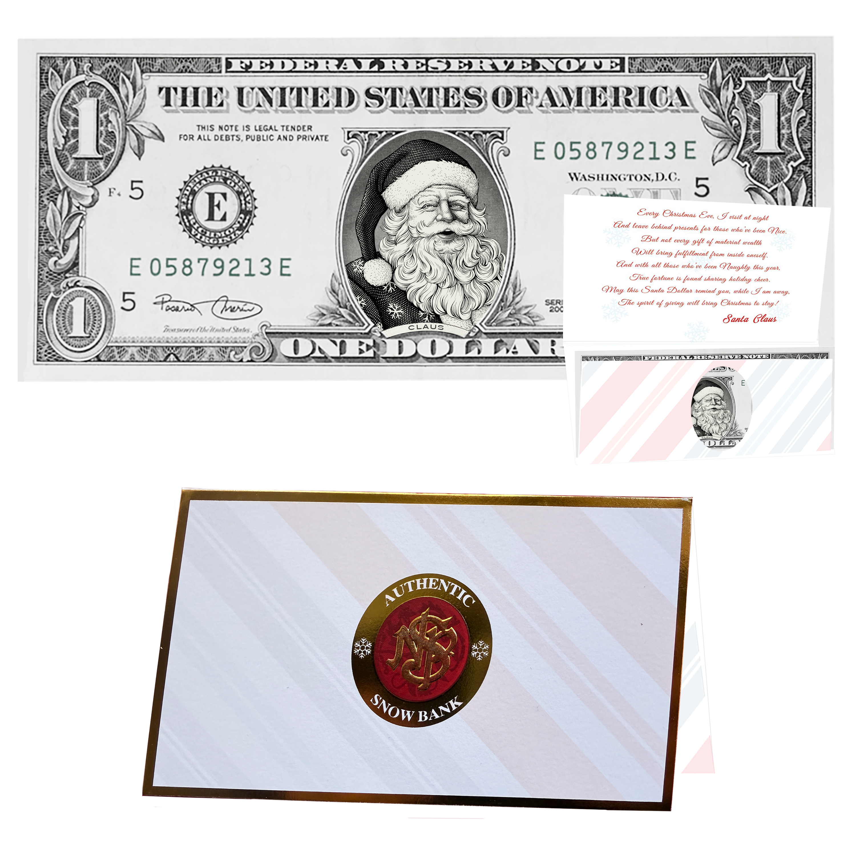 Holiday Dollars Snowflake Santa genuine U.S. $1 Santa dollar bill with Snow Bank presentation card.