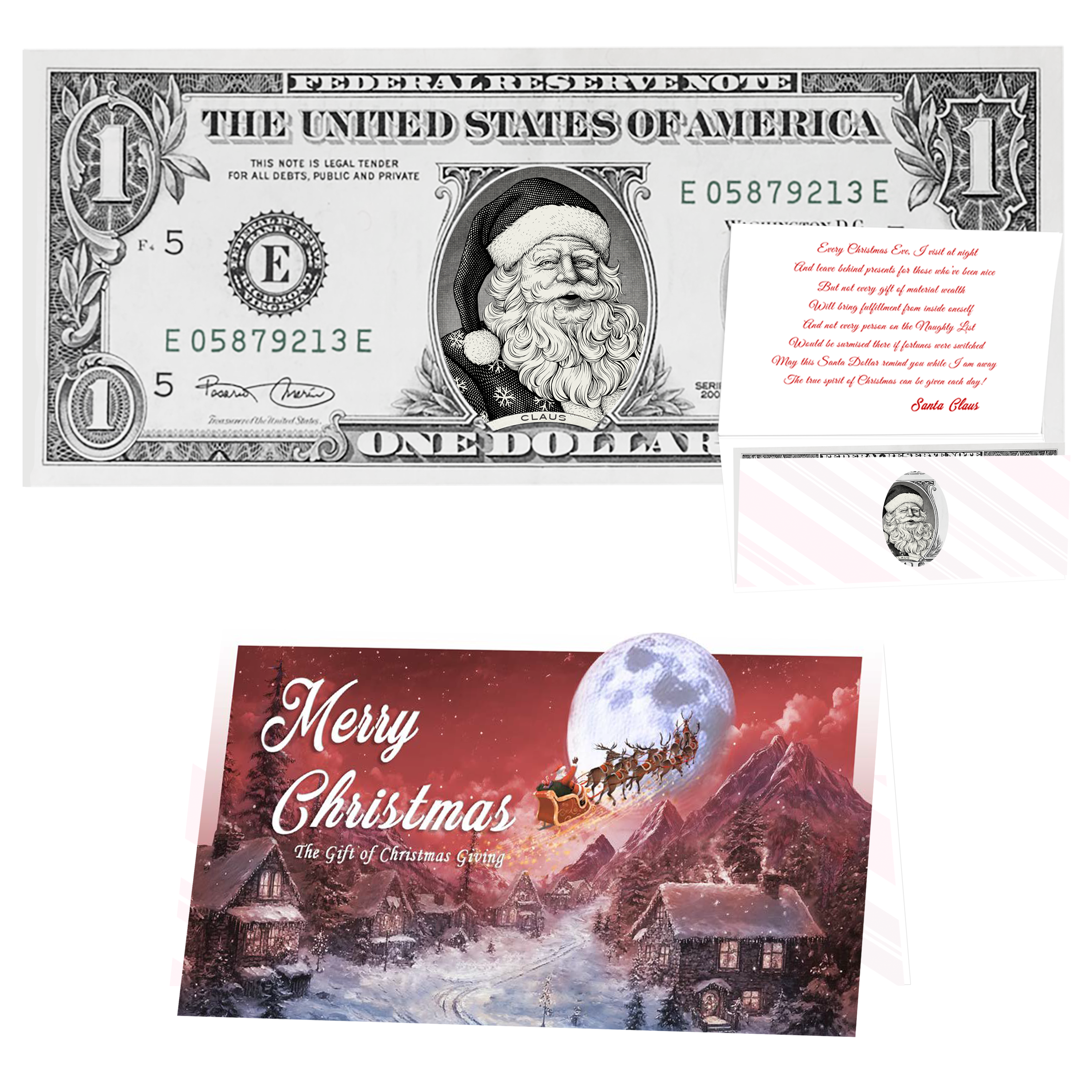 Holiday Dollars Snowflake Santa genuine U.S. $1 Santa dollar bill with To All a Goodnight presentation card.