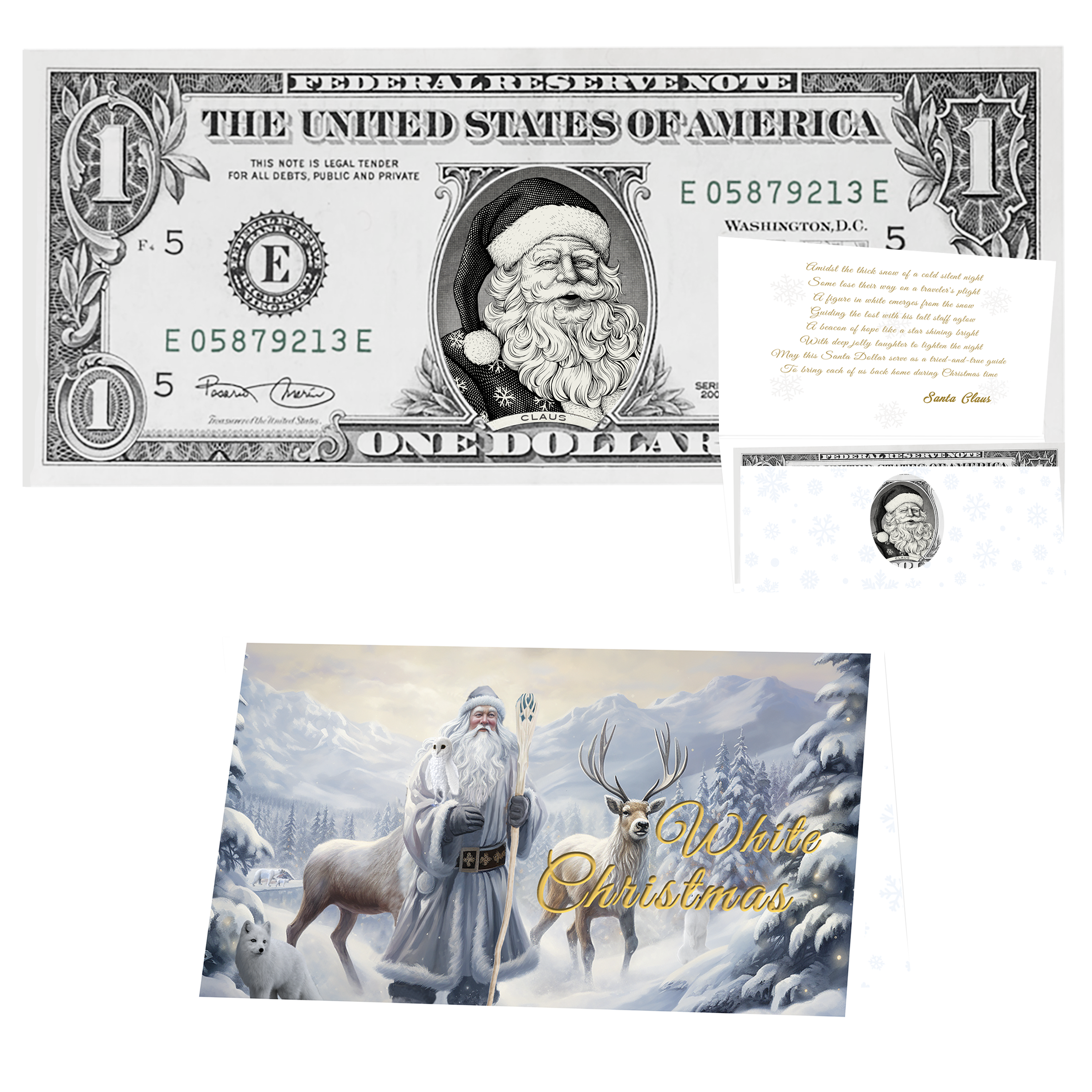Holiday Dollars Snowflake Santa genuine U.S. $1 Santa dollar bill with White Christmas presentation card.