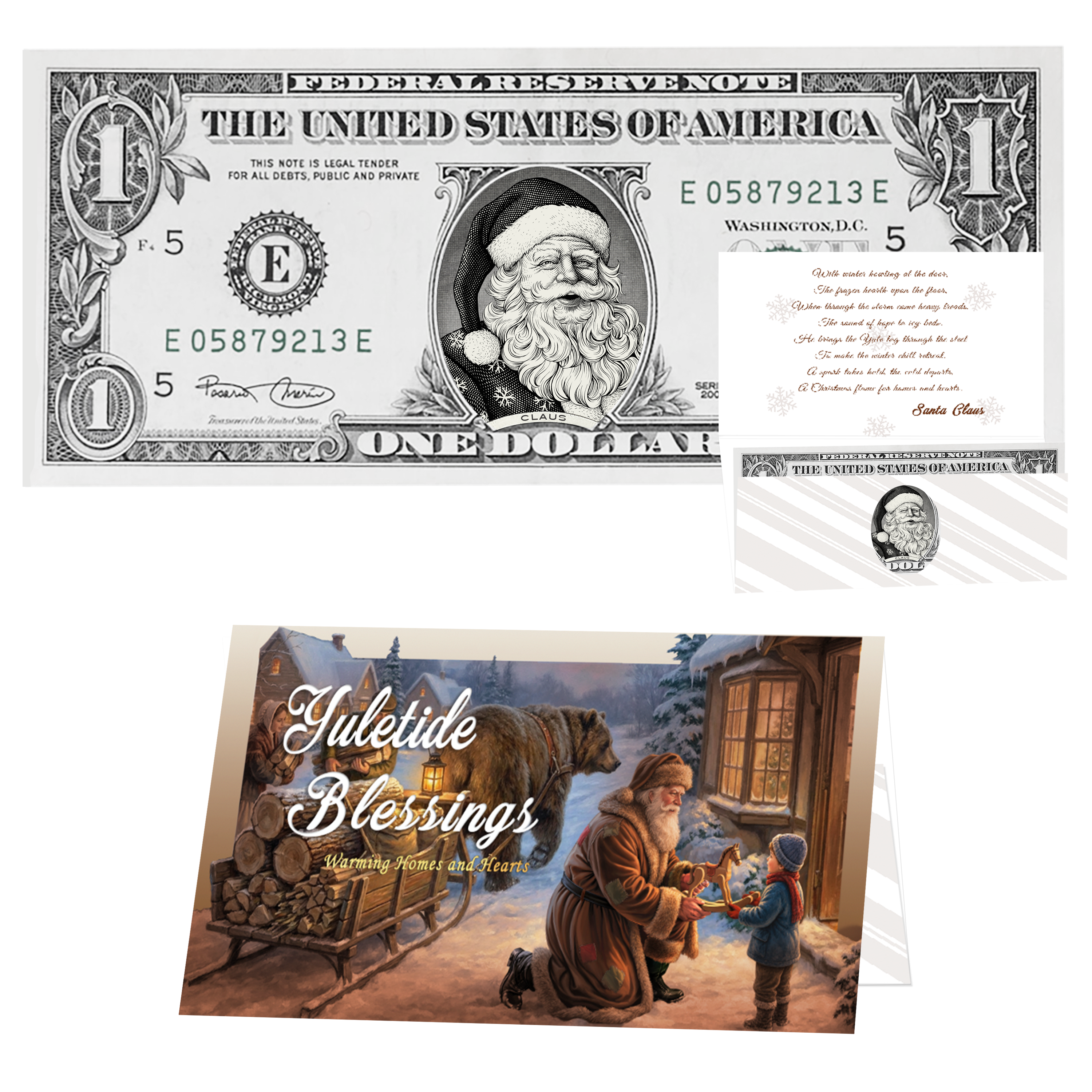 Holiday Dollars Snowflake Santa genuine U.S. $1 Santa dollar bill with Yuletide Blessings presentation card.