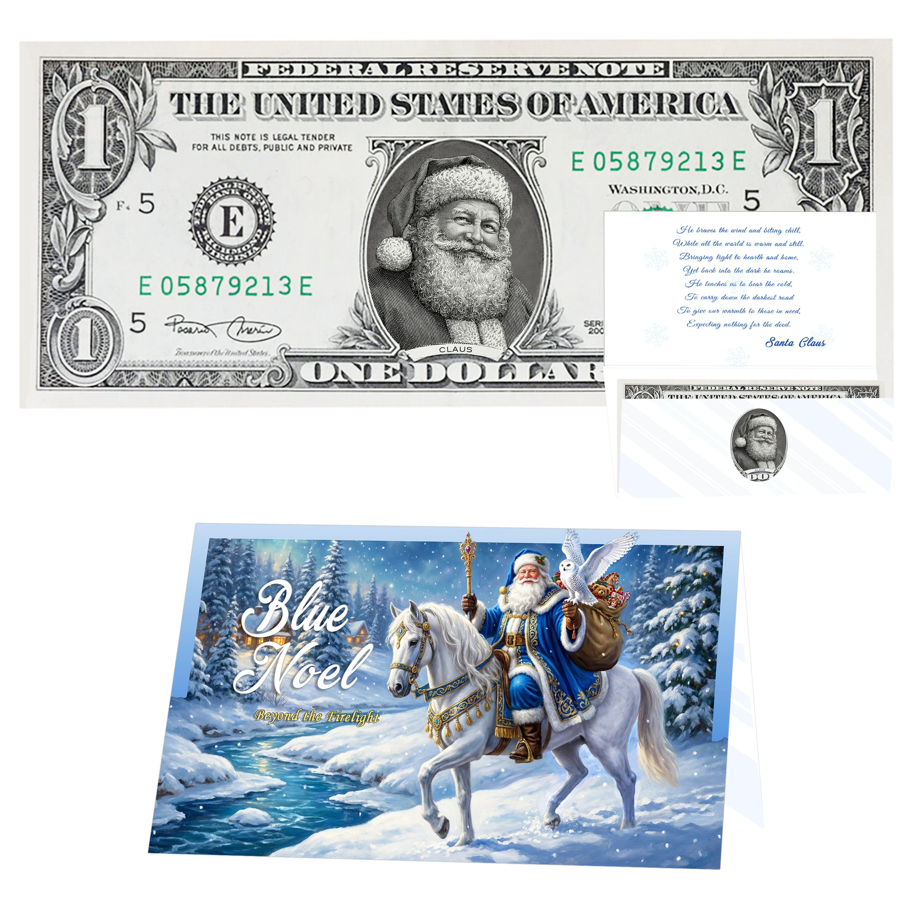 Holiday Dollars Twinkle in His Eye Santa genuine U.S. $1 Santa dollar bill with Blue Noel presentation card.