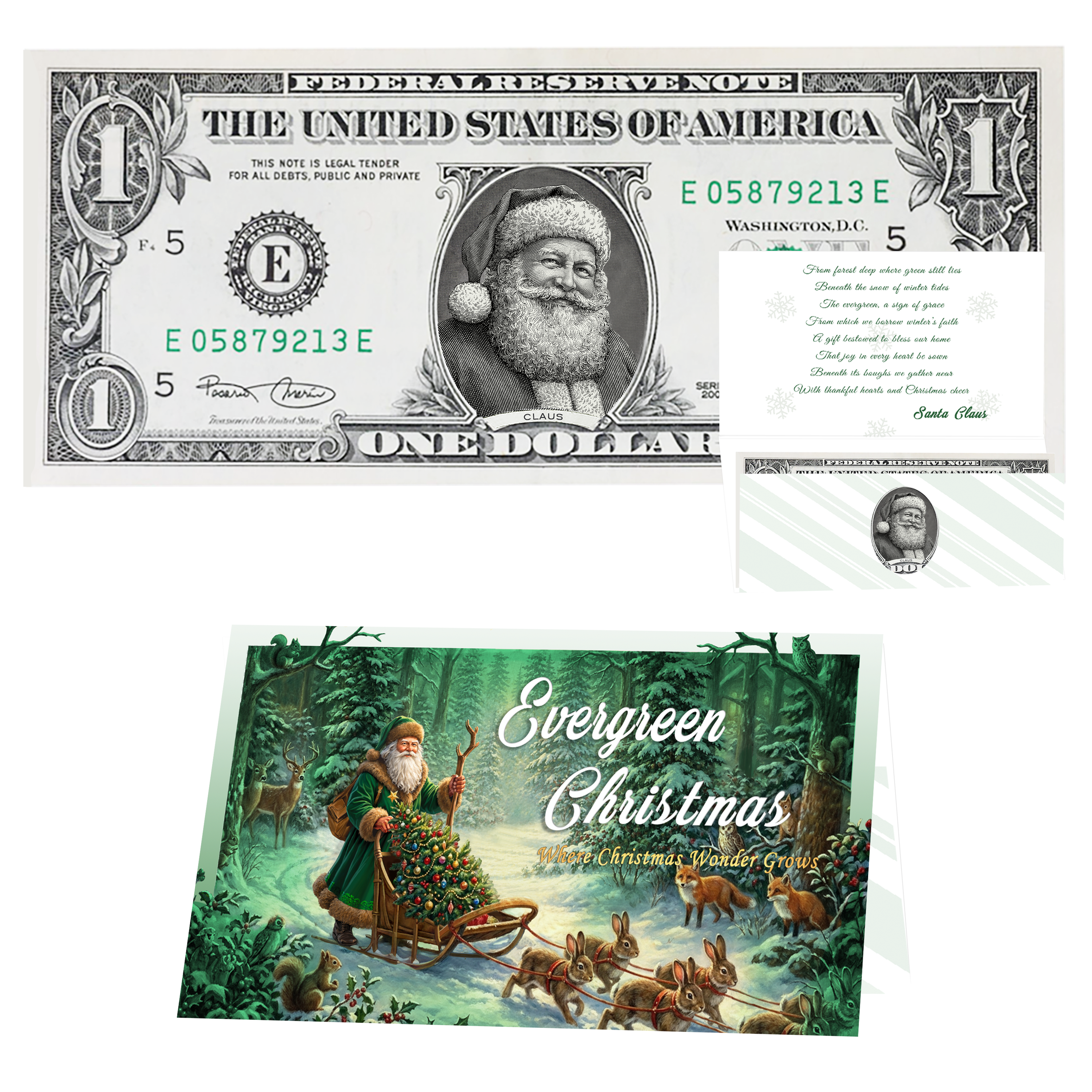 Holiday Dollars Twinkle in His Eye Santa genuine U.S. $1 Santa dollar bill with Evergreen Christmas presentation card.