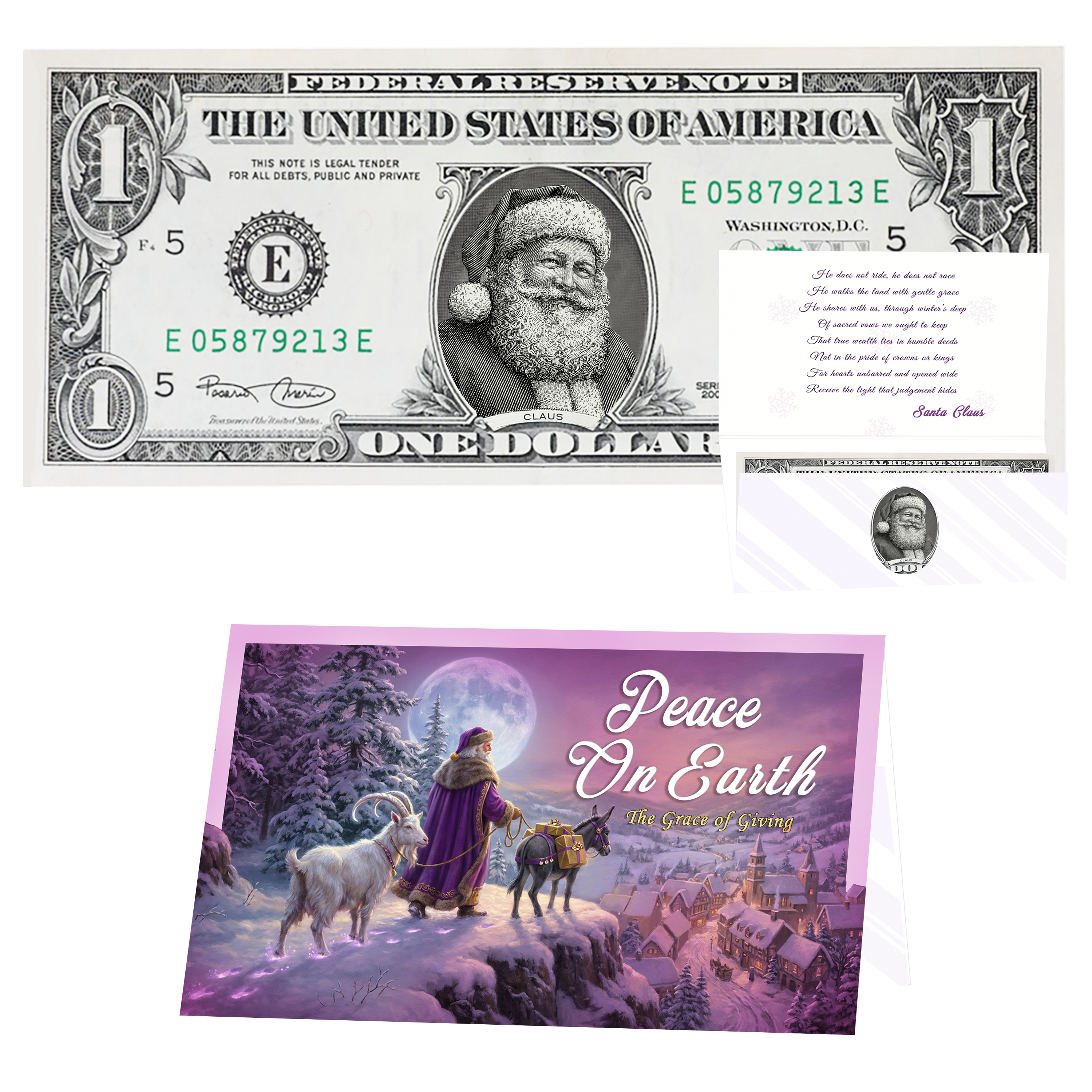 Holiday Dollars Twinkle in His Eye Santa genuine U.S. $1 Santa dollar bill with Peace on Earth presentation card.