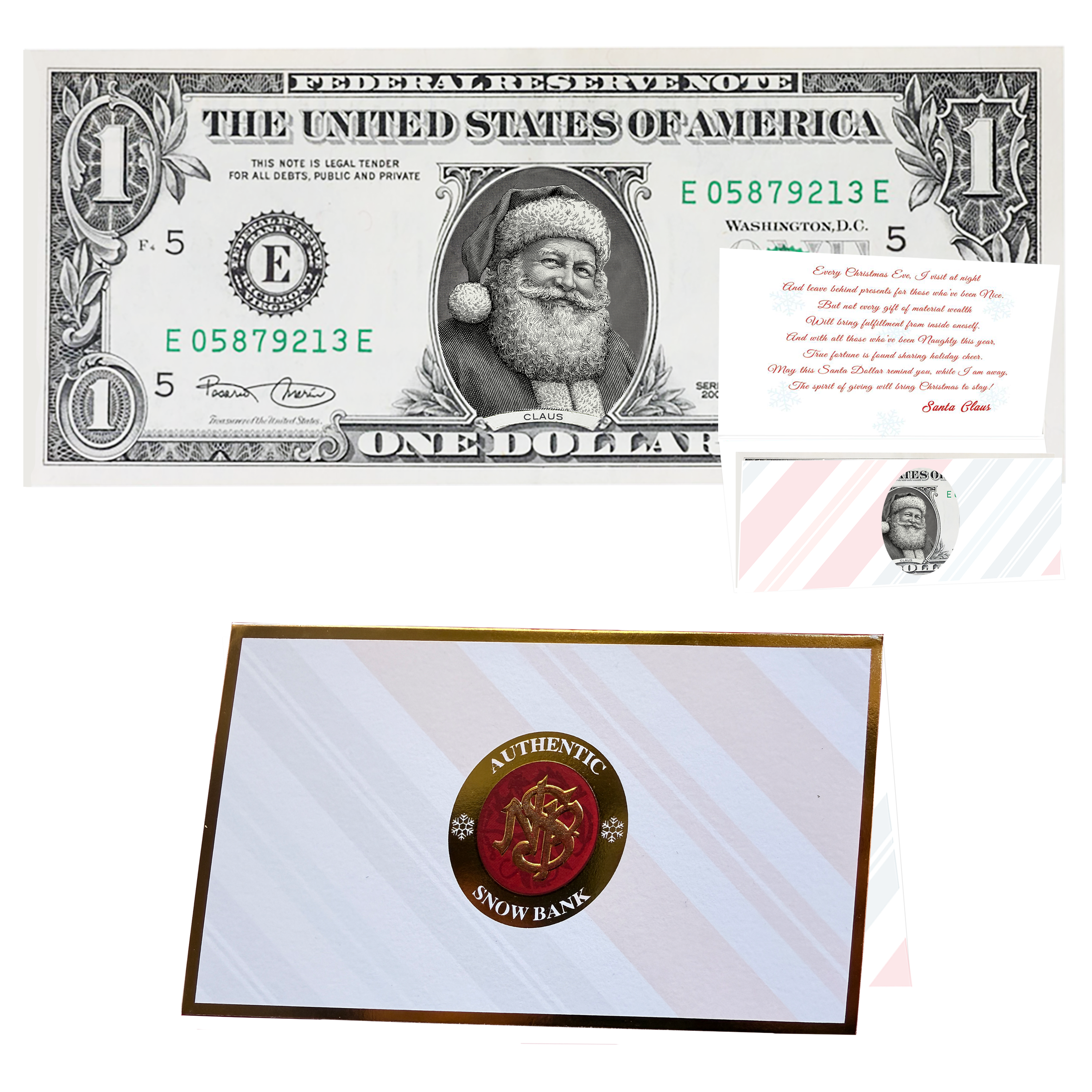 Holiday Dollars Twinkle in His Eye Santa genuine U.S. $1 Santa dollar bill with Snow Bank presentation card.