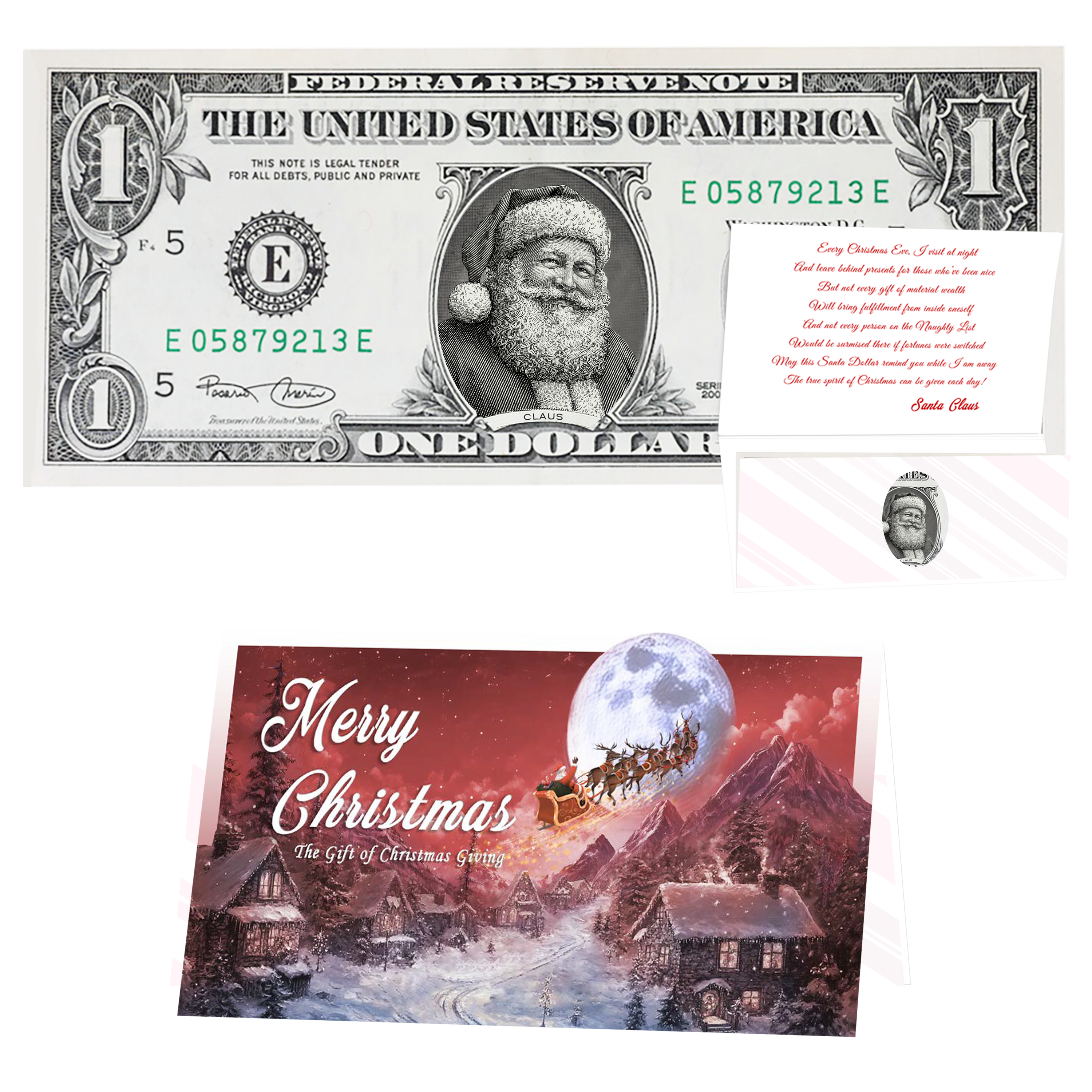 Holiday Dollars Twinkle in His Eye Santa genuine U.S. $1 Santa dollar bill with To All a Goodnight card.