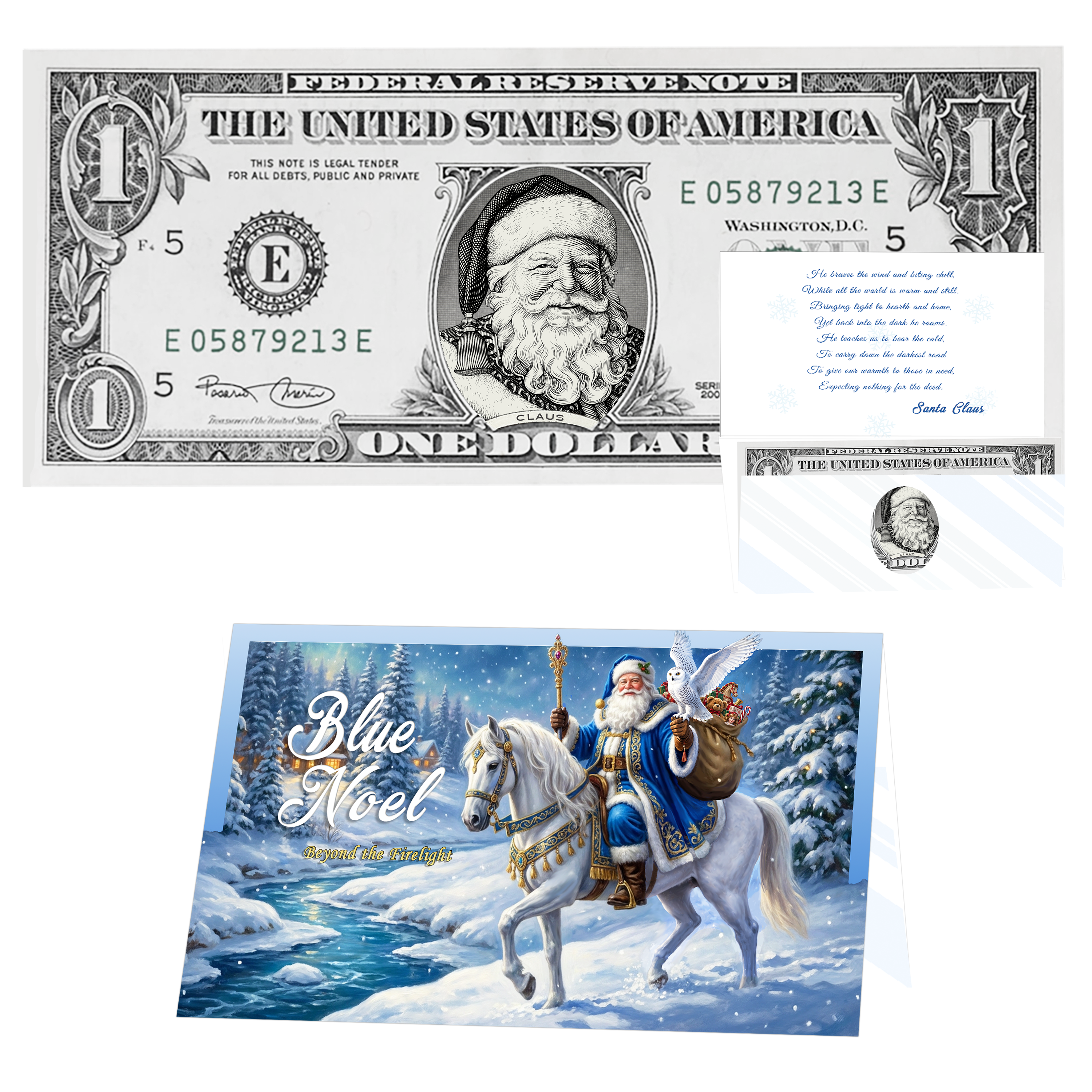 Holiday Dollars Victorian Santa genuine U.S. $1 Santa dollar bill with Blue Noel presentation card.