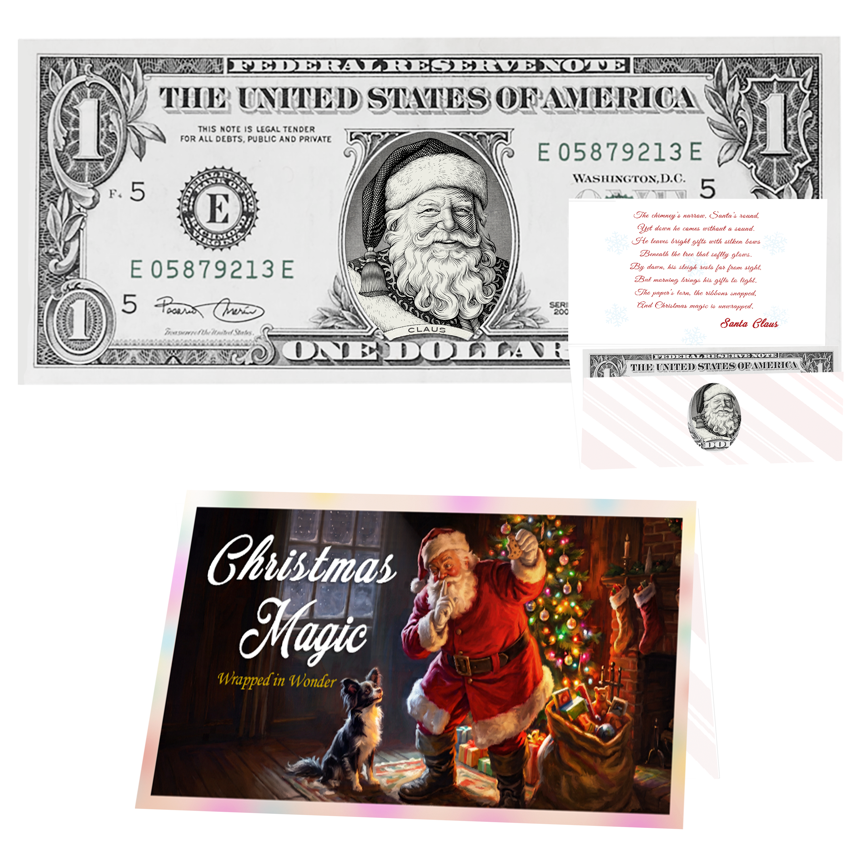 Holiday Dollars Victorian Santa genuine U.S. $1 Santa dollar bill with Christmas Magic presentation card.