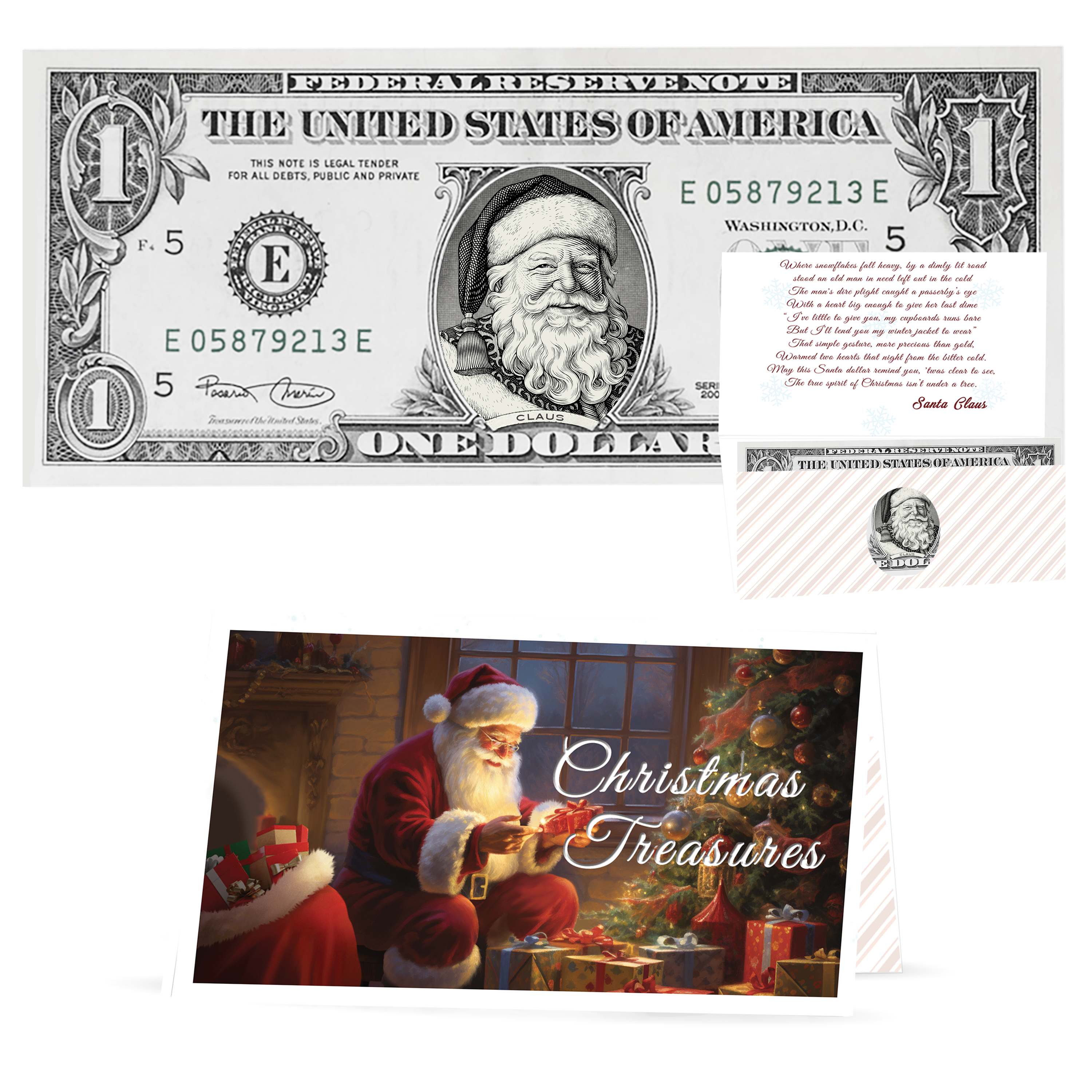 Holiday Dollars Victorian Santa genuine U.S. $1 Santa dollar bill with Christmas Treasures presentation card.