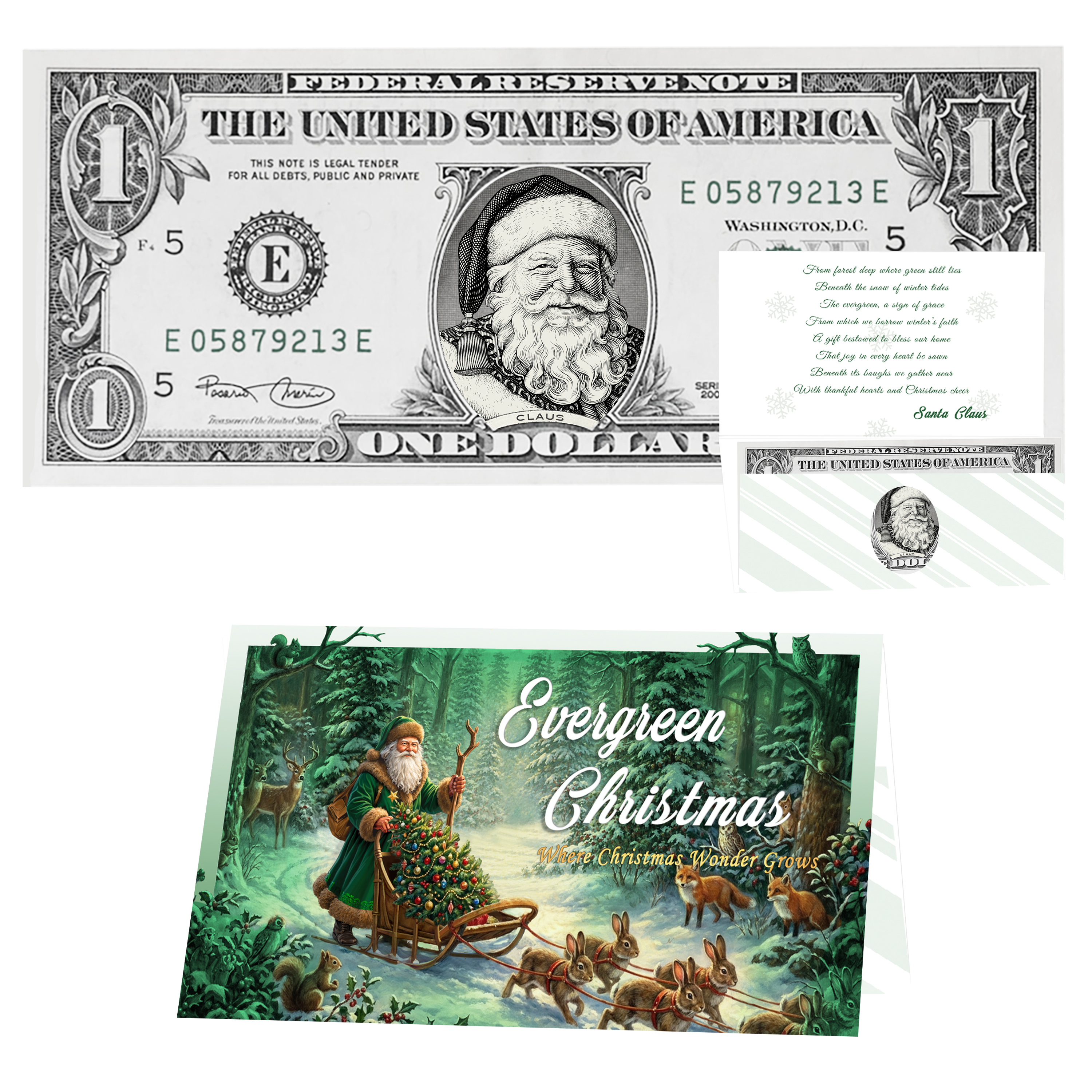 Holiday Dollars Victorian Santa genuine U.S. $1 Santa dollar bill with Evergreen Christmas presentation card.