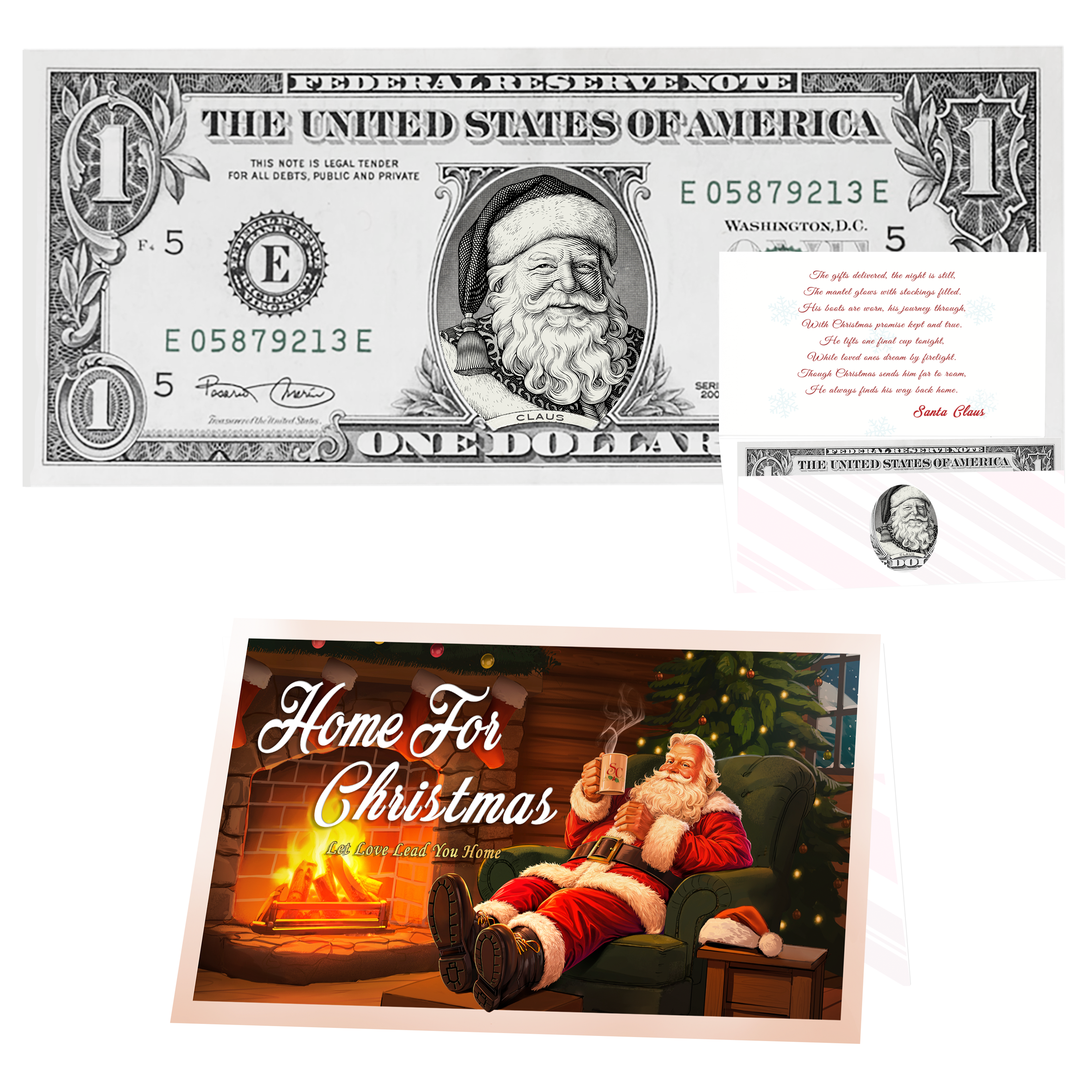 Holiday Dollars Victorian Santa genuine U.S. $1 Santa dollar bill with Home for Christmas presentation card.
