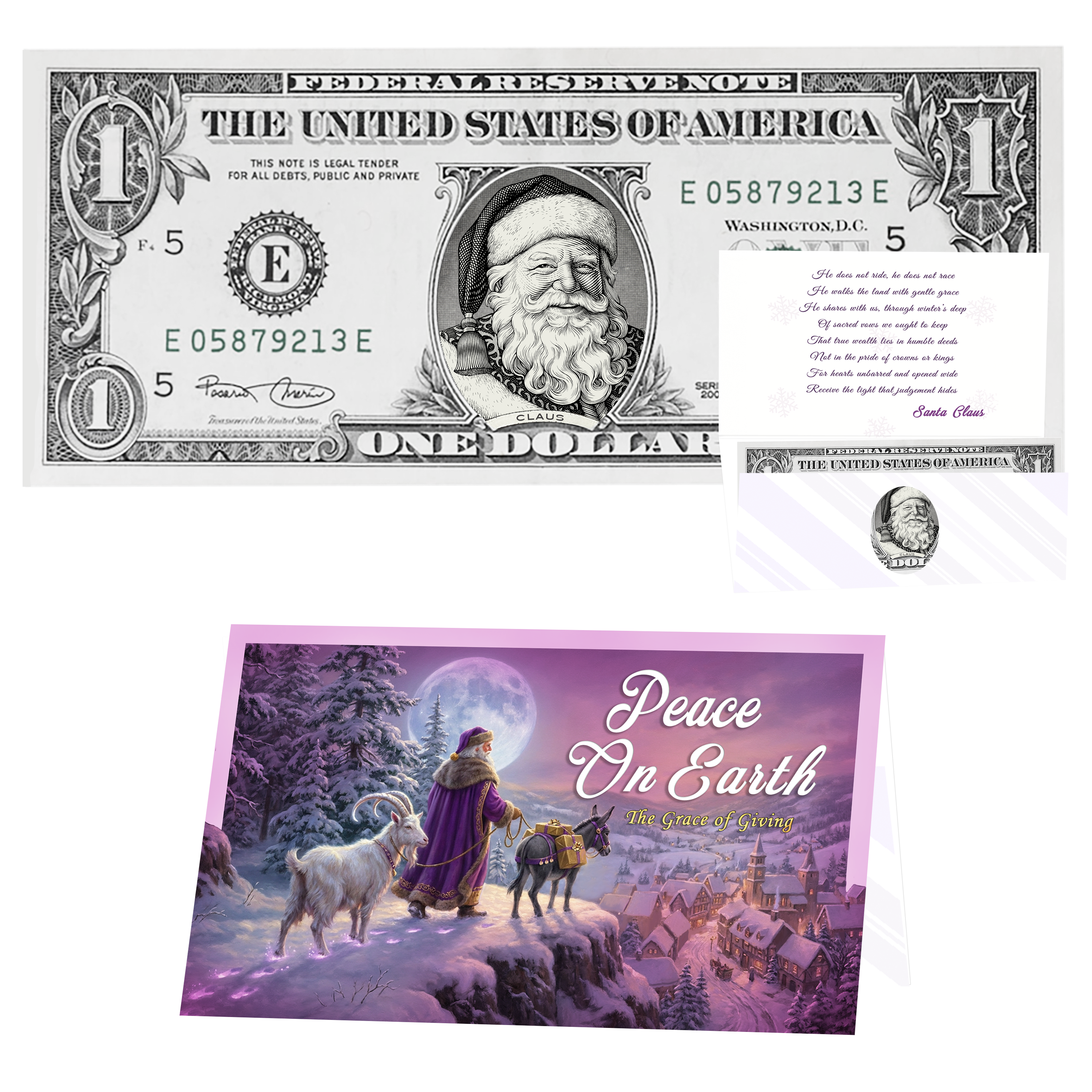 Holiday Dollars Victorian Santa genuine U.S. $1 Santa dollar bill with Peace on Earth presentation card.