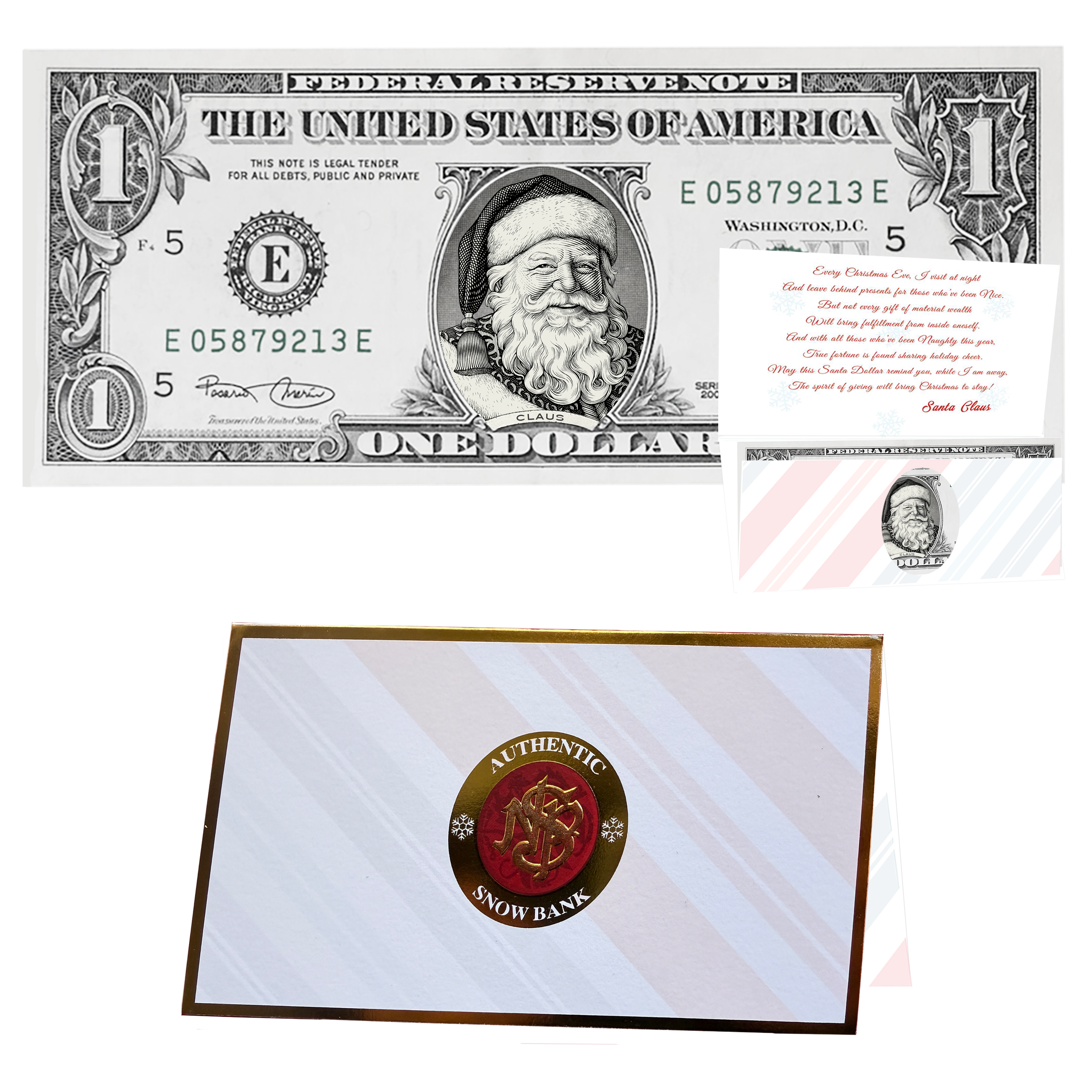 Holiday Dollars Victorian Santa genuine U.S. $1 Santa dollar bill with Snow Bank presentation card.