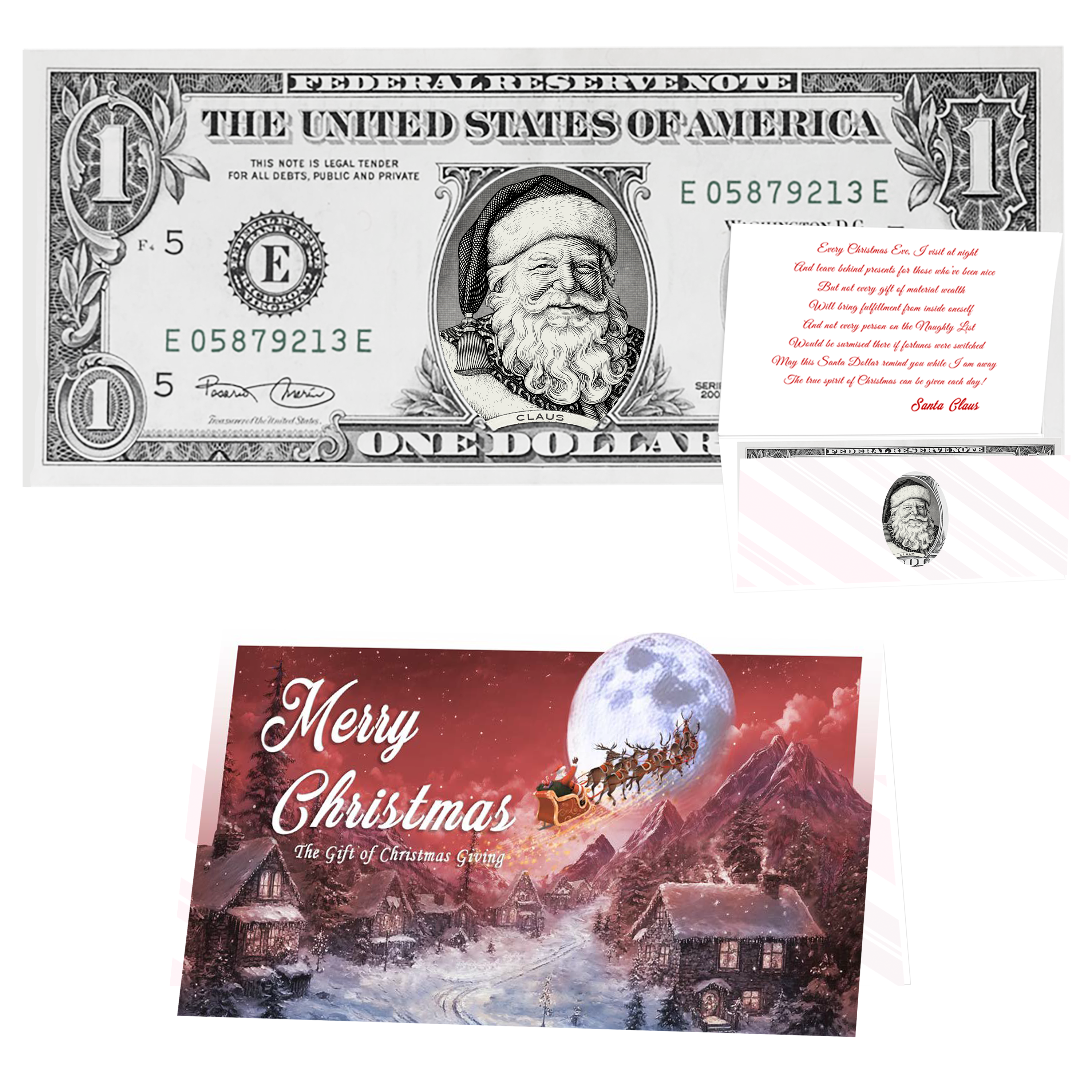 Holiday Dollars Victorian Santa genuine U.S. $1 Santa dollar bill with To All a Goodnight presentation card.