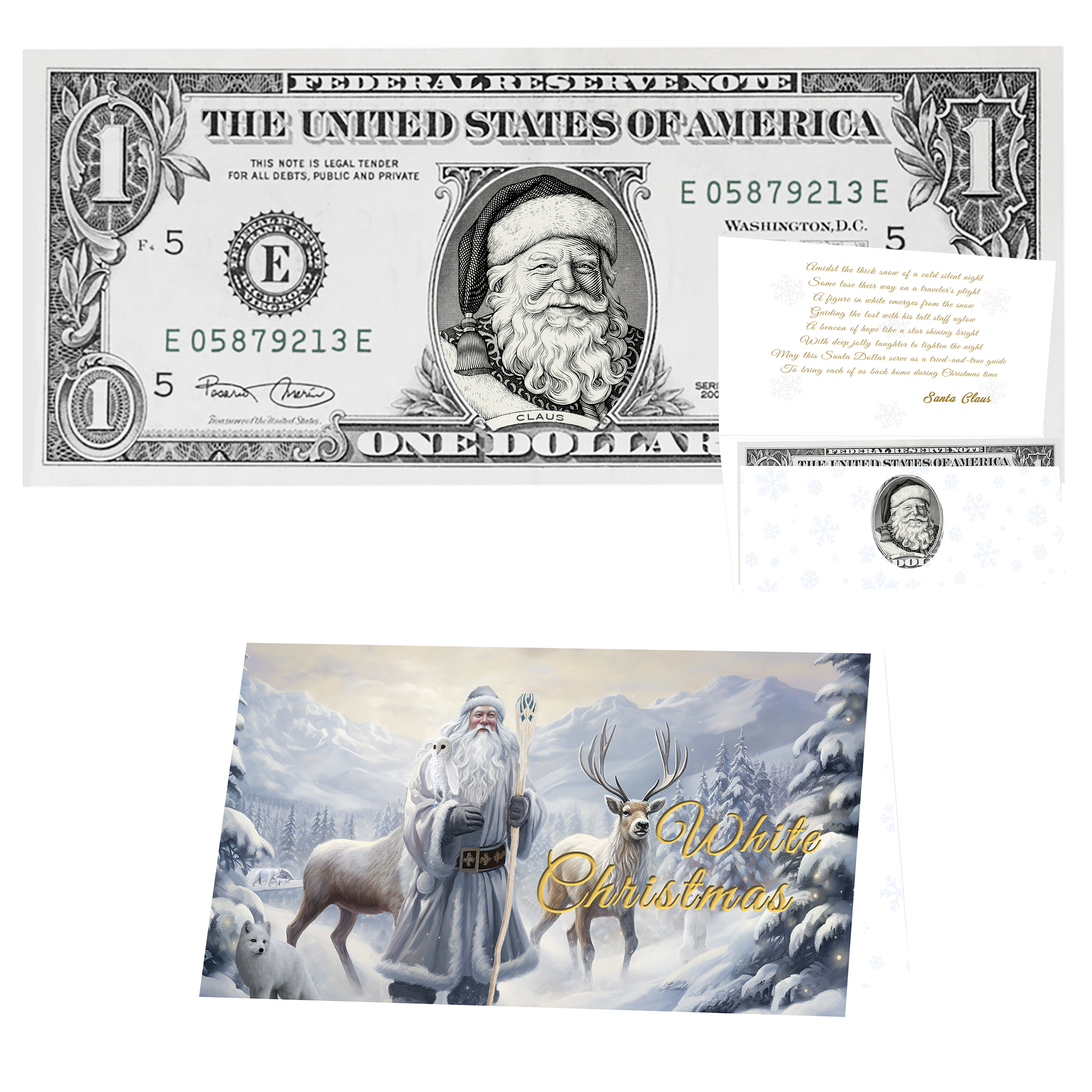 Holiday Dollars Victorian Santa genuine U.S. $1 Santa dollar bill with White Christmas presentation card.