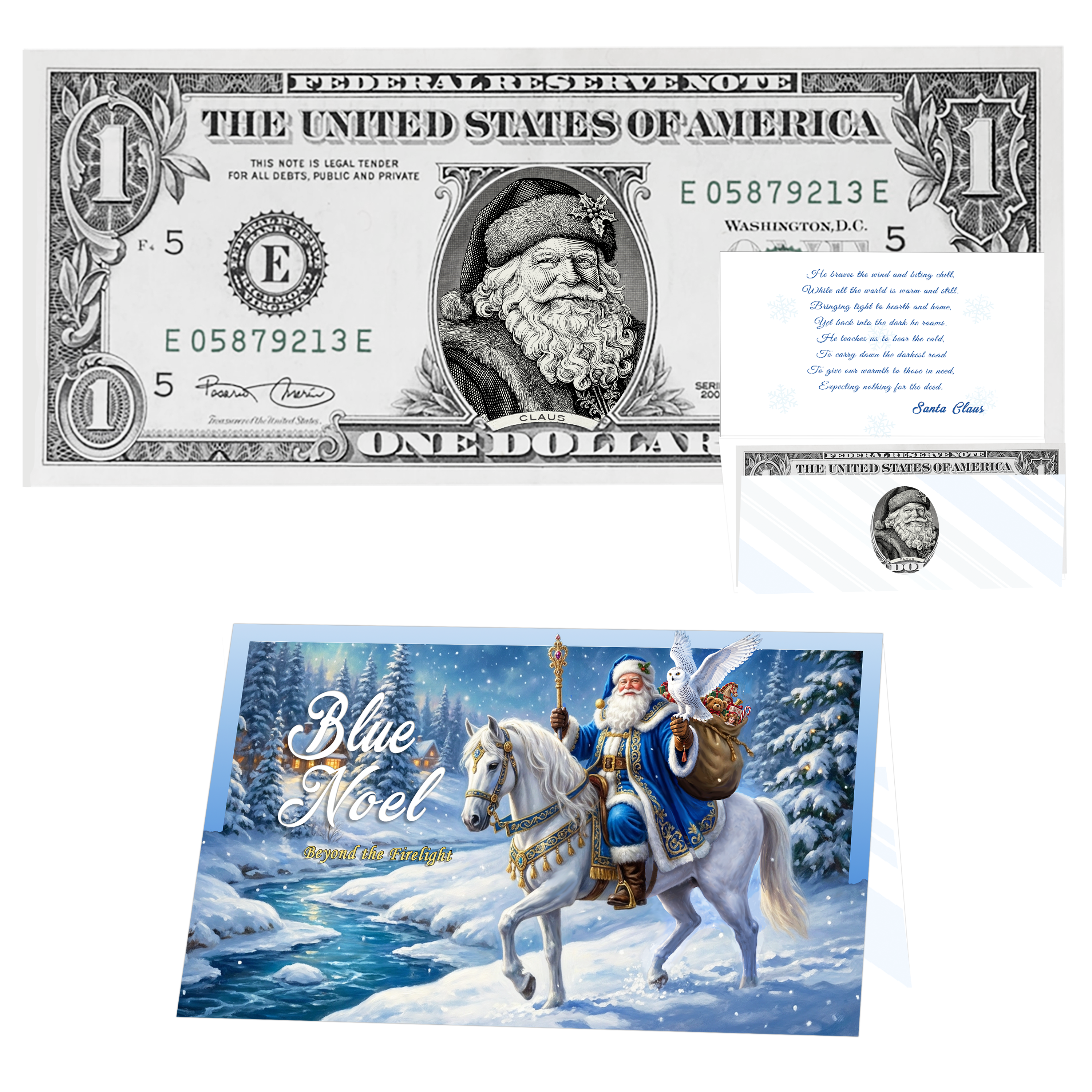 Holiday Dollars Winter Woods Santa genuine U.S. $1 Santa dollar bill with Blue Noel presentation card.