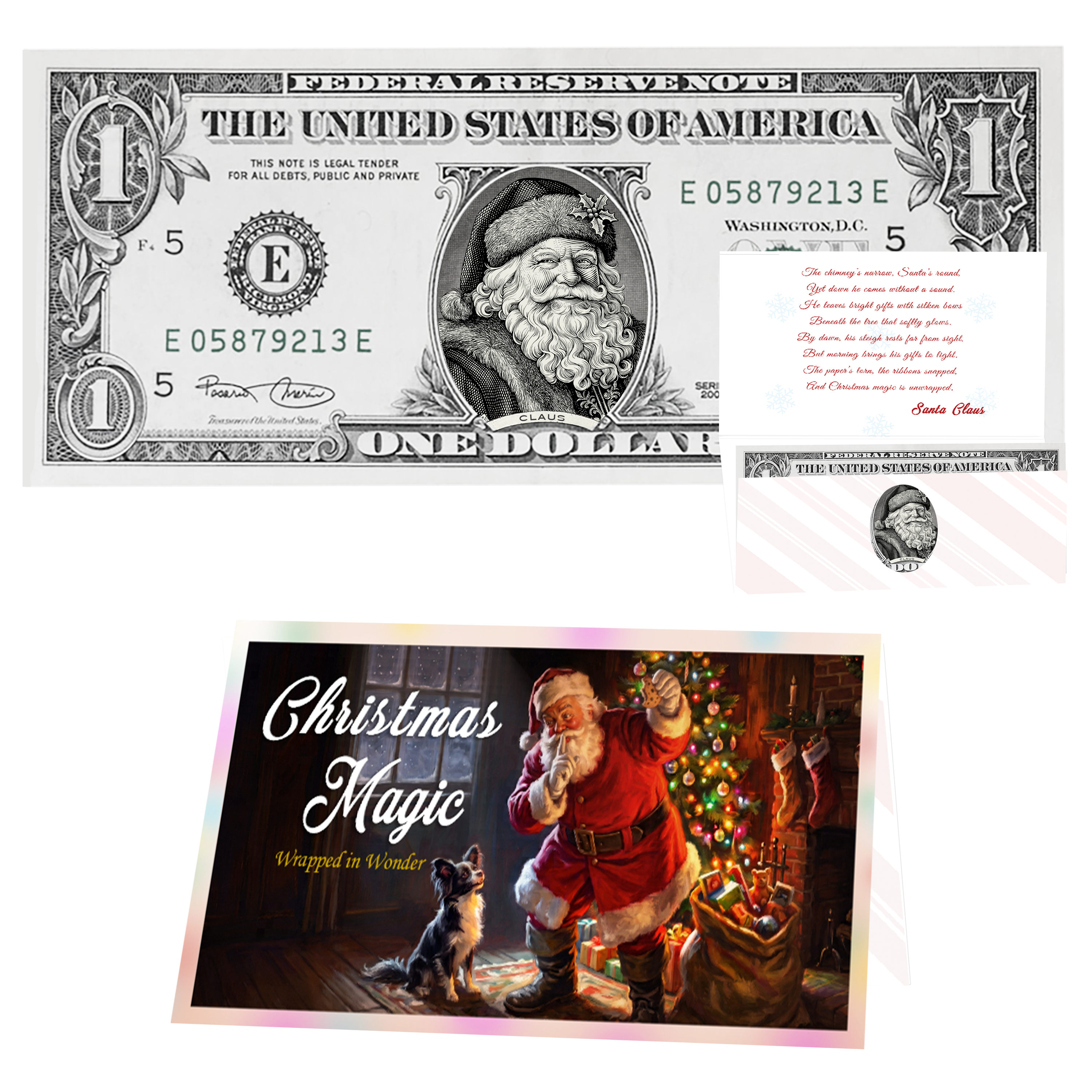 Holiday Dollars Winter Woods Santa genuine U.S. $1 Santa dollar bill with Christmas Magic presentation card.