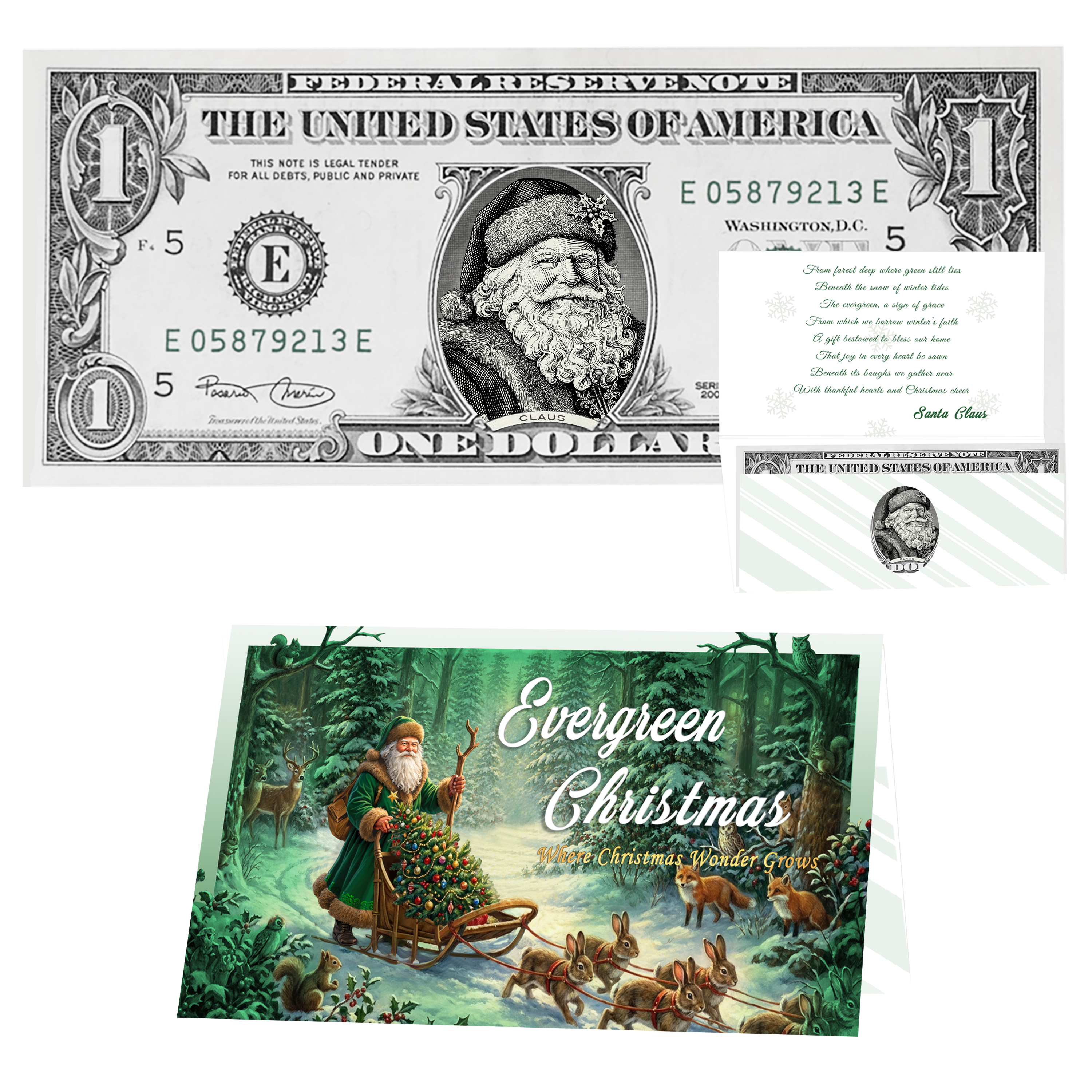 Holiday Dollars Winter Woods Santa genuine U.S. $1 Santa dollar bill with Evergreen Christmas presentation card.