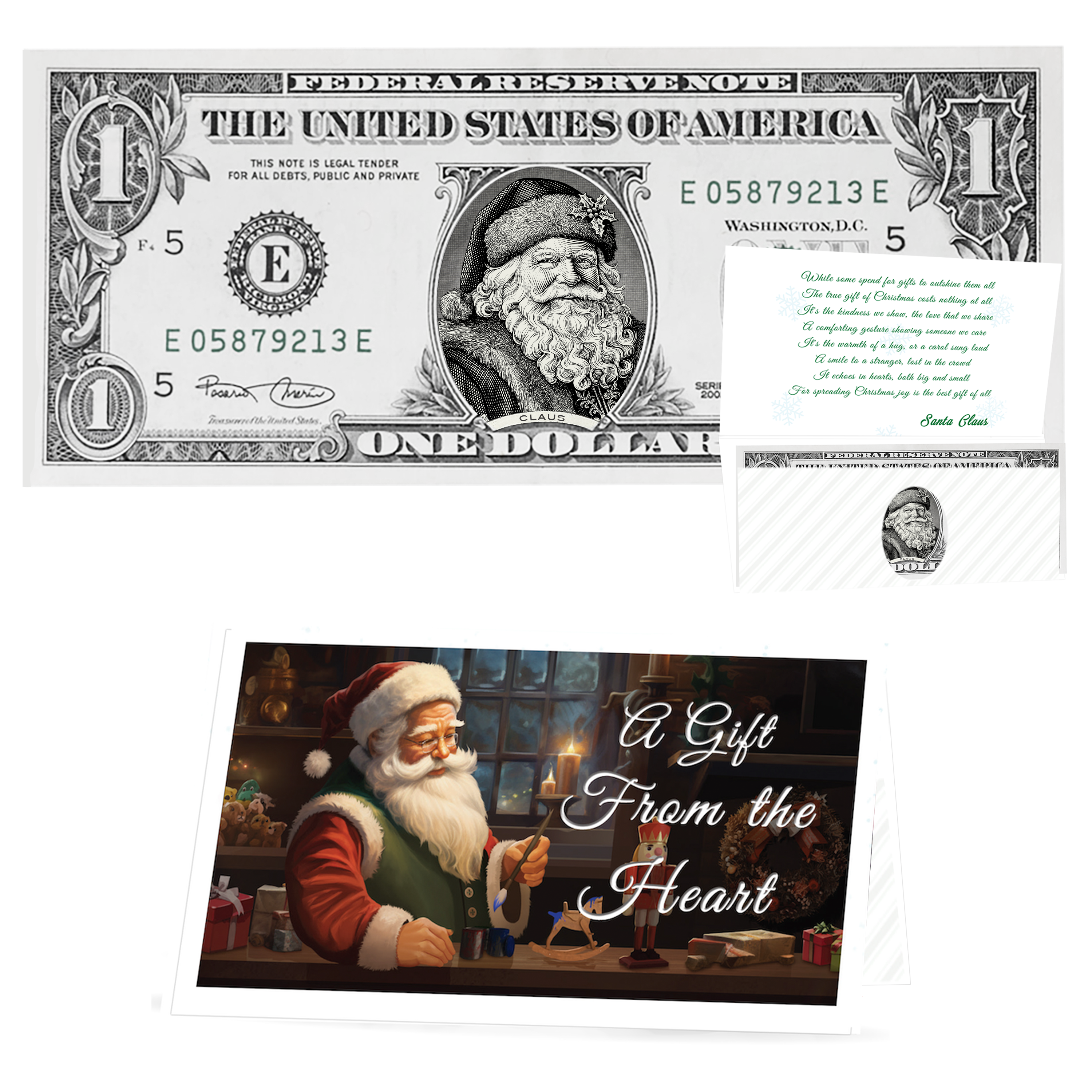 Holiday Dollars Winter Woods Santa genuine U.S. $1 Santa dollar bill with Gift From the Heart presentation card.