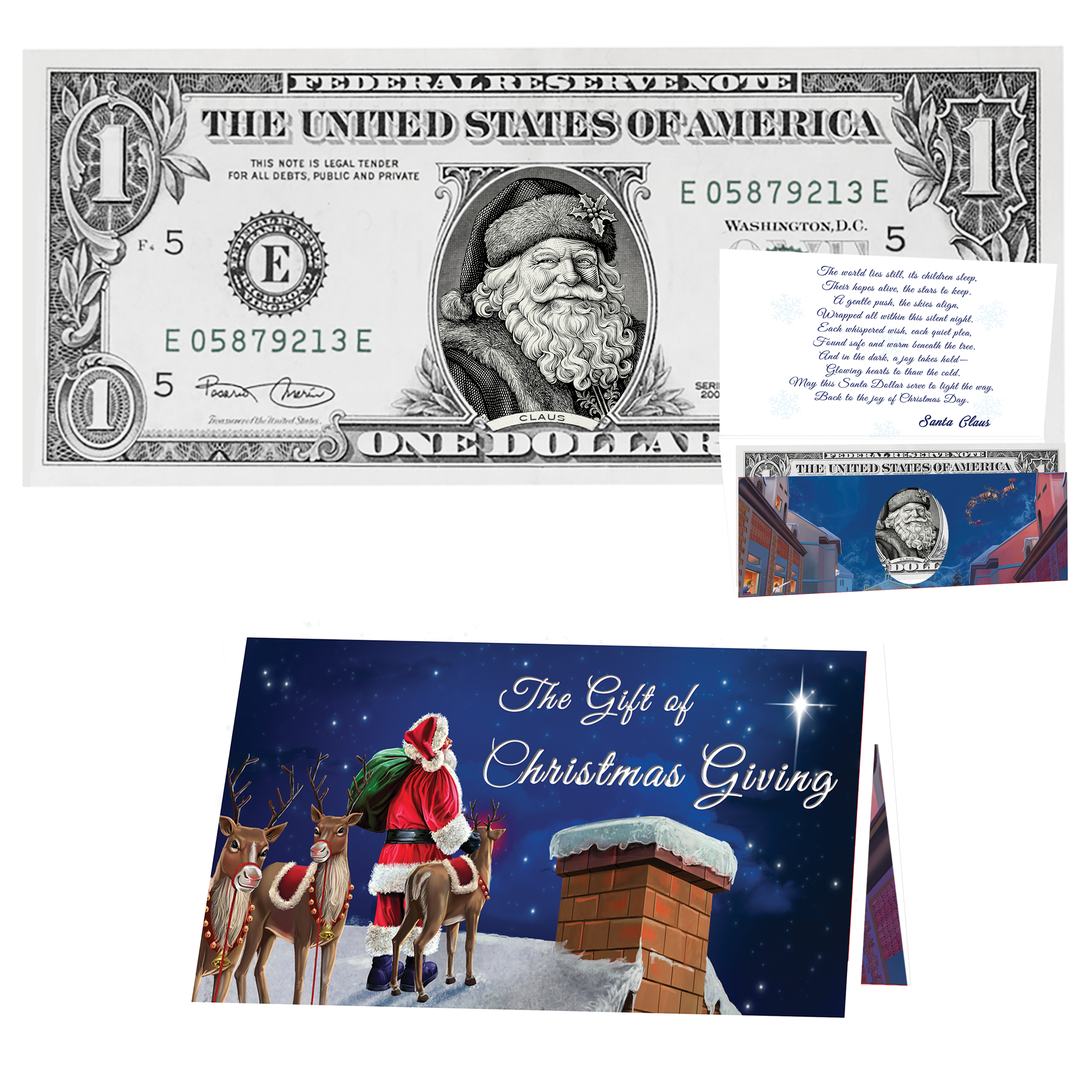 Holiday Dollars Winter Woods Santa genuine U.S. $1 Santa dollar bill with Reindeer on Rooftops presentation card.