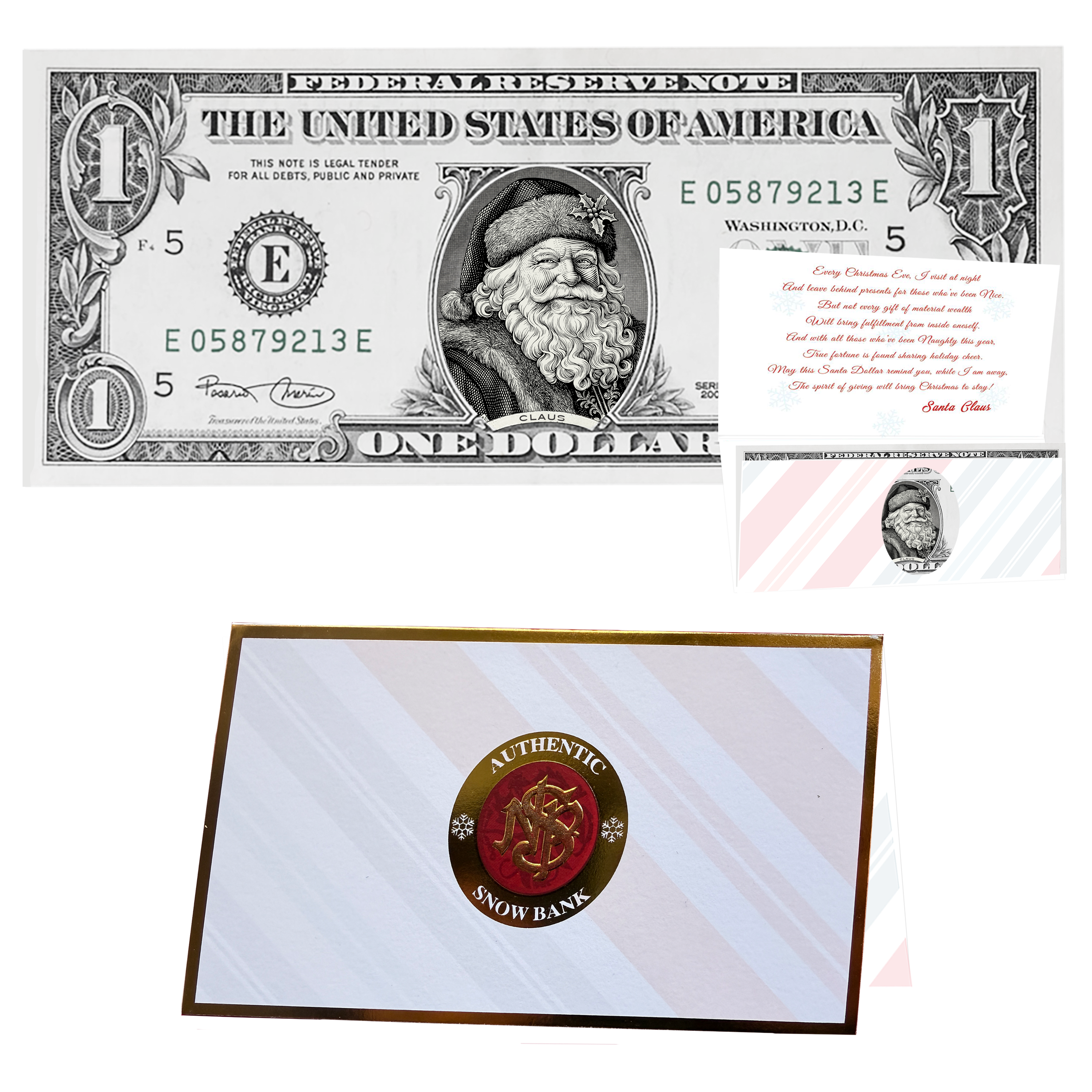 Holiday Dollars Winter Woods Santa genuine U.S. $1 Santa dollar bill with Snow Bank presentation card.