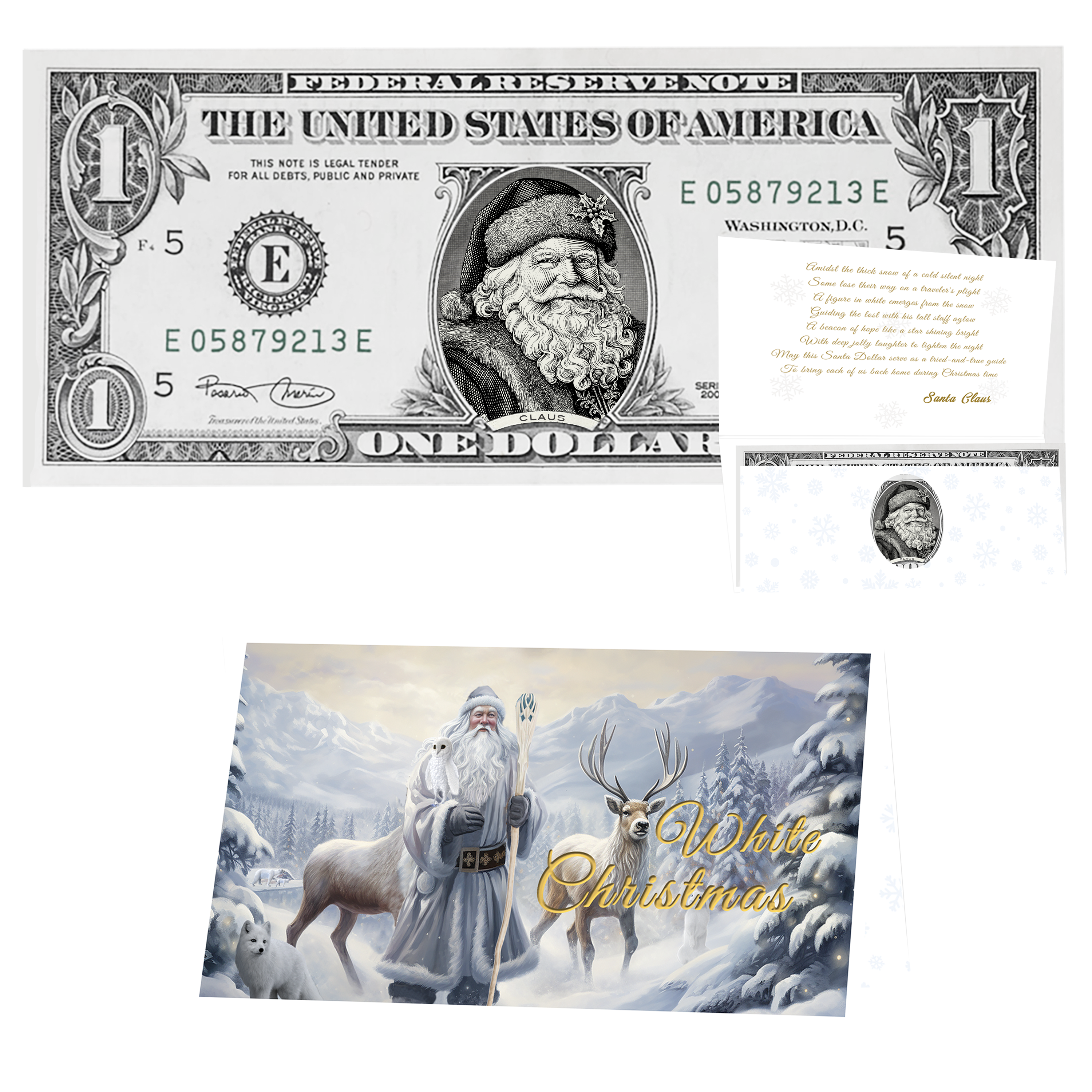Holiday Dollars Winter Woods Santa genuine U.S. $1 Santa dollar bill with White Christmas presentation card.
