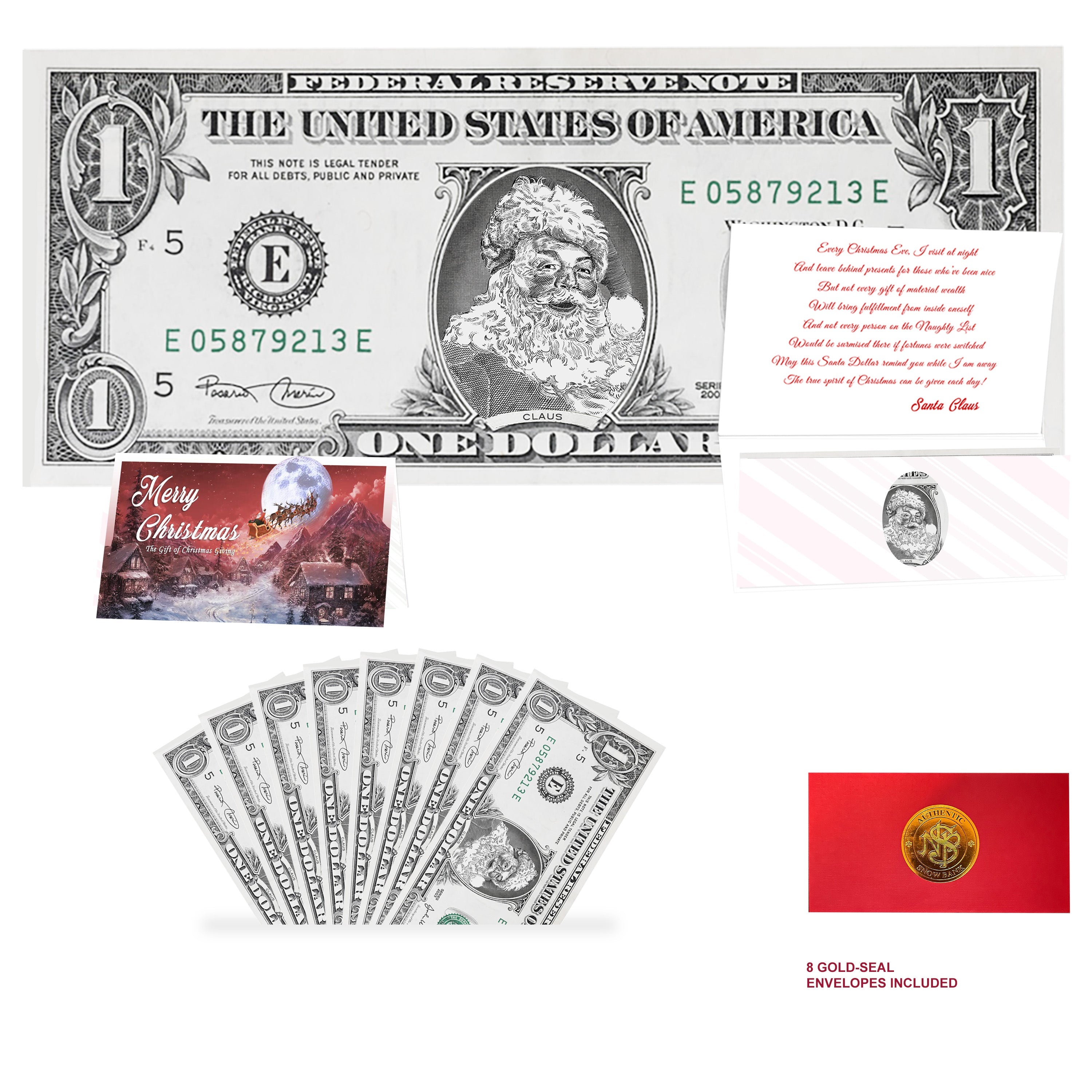 Eight genuine U.S. $1 Santa Dollar Bills featuring Classic Santa, with eight To All a Goodnight Christmas cards and eight red official Snowbank envelopes with gold seals.