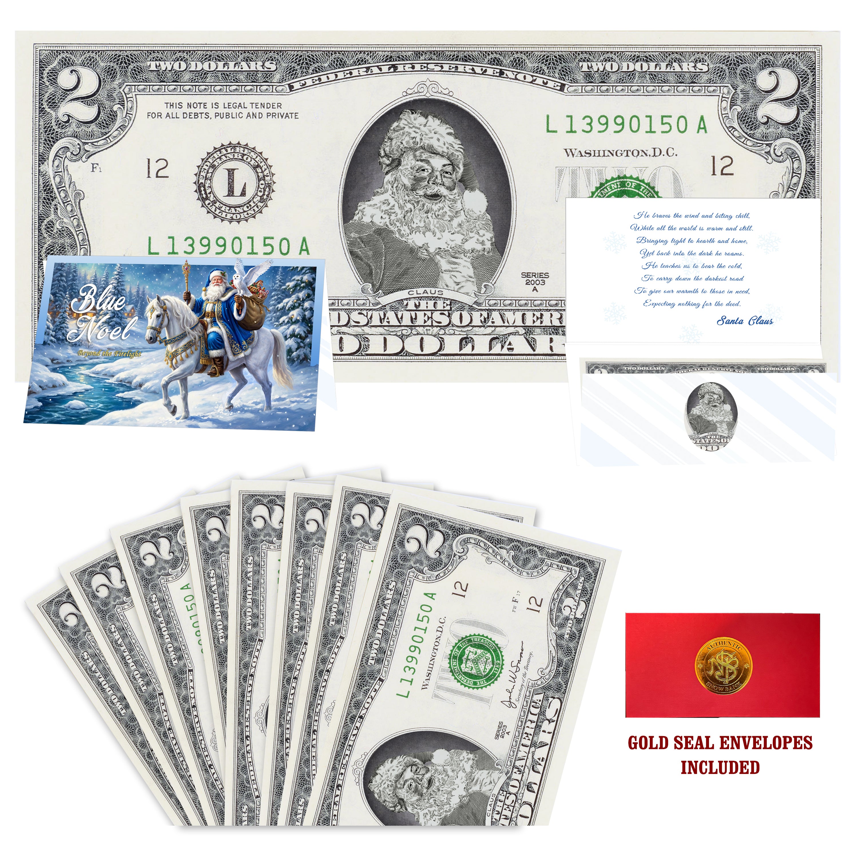 Eight $2 Santa Dollars featuring Classic Santa with Blue Noel folded Christmas cards and gold-seal envelopes.