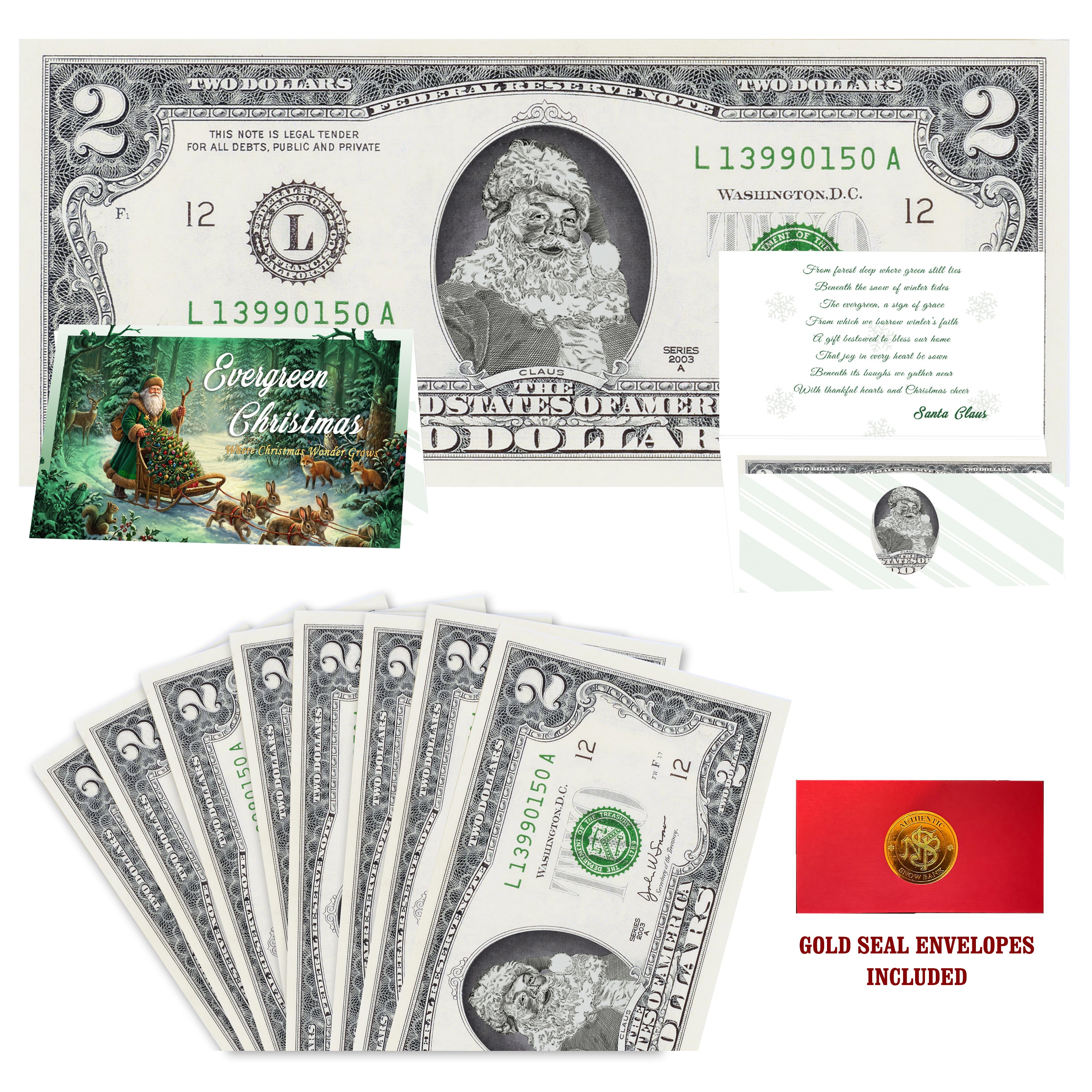 Eight $2 Santa Dollars featuring Classic Santa with Evergreen Christmas folded Christmas cards and gold-seal envelopes.