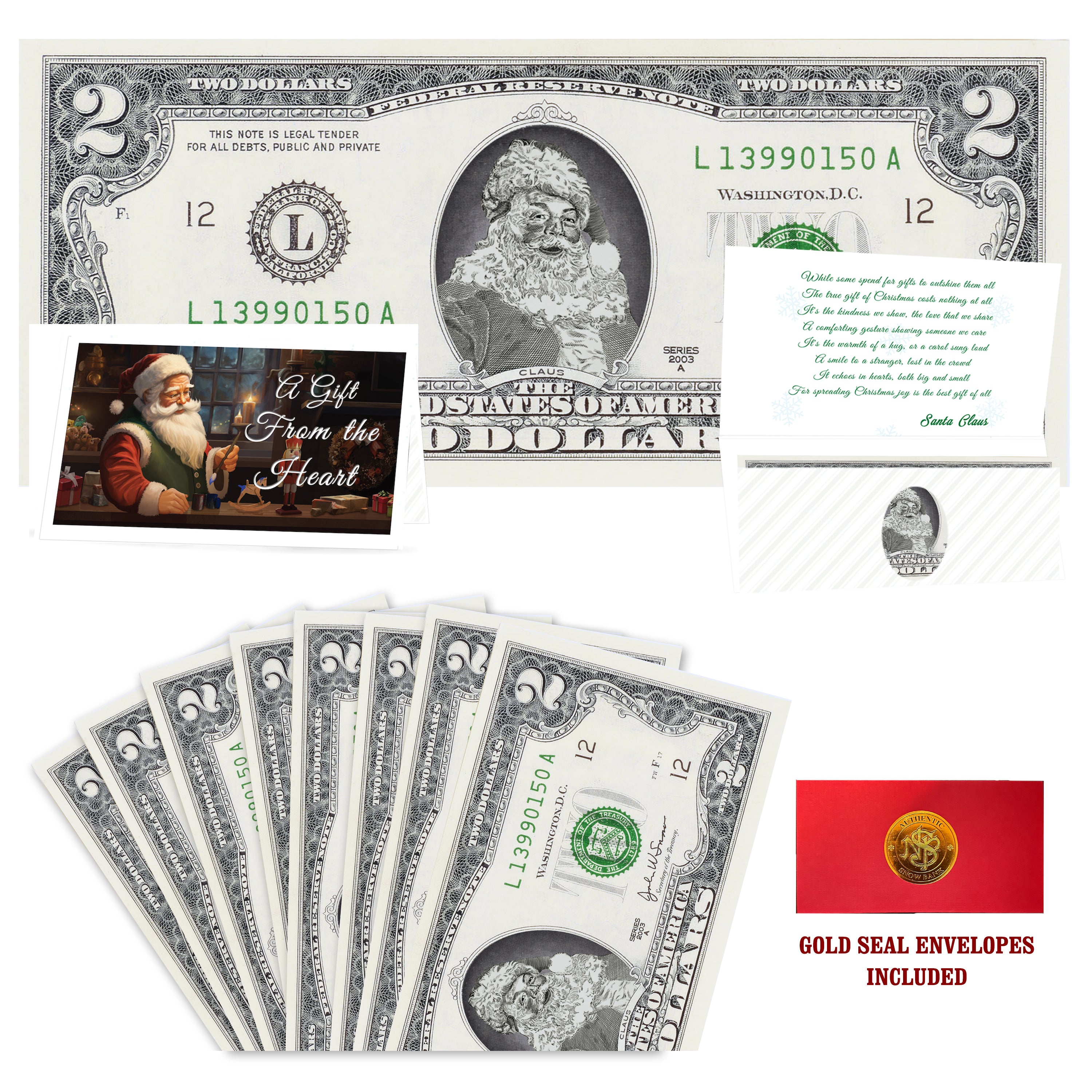 Eight $2 Santa Dollars featuring Classic Santa with Gift From the Heart folded Christmas cards and gold-seal envelopes.