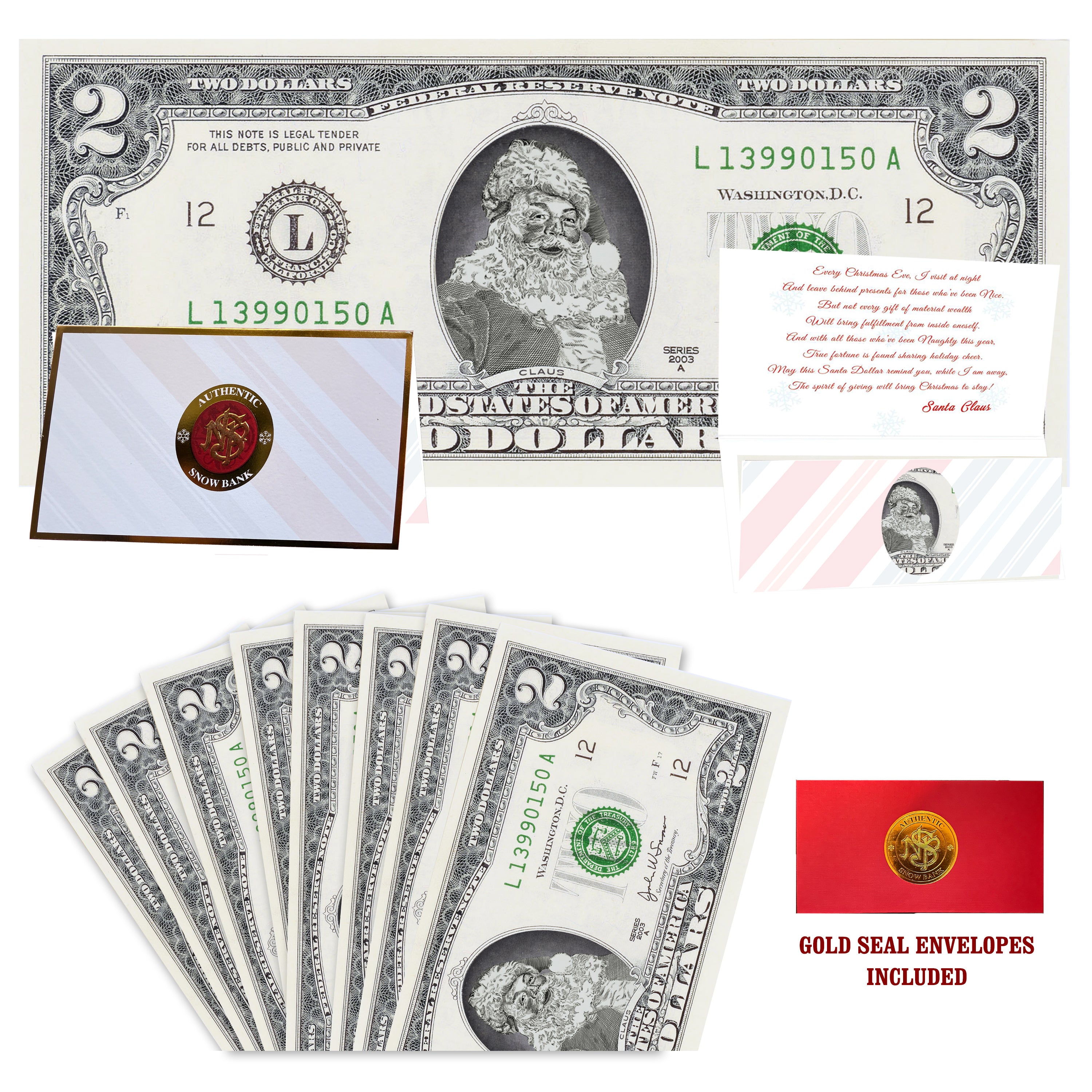 Eight $2 Santa Dollars featuring Classic Santa with Snow Bank folded Christmas cards and gold-seal envelopes.