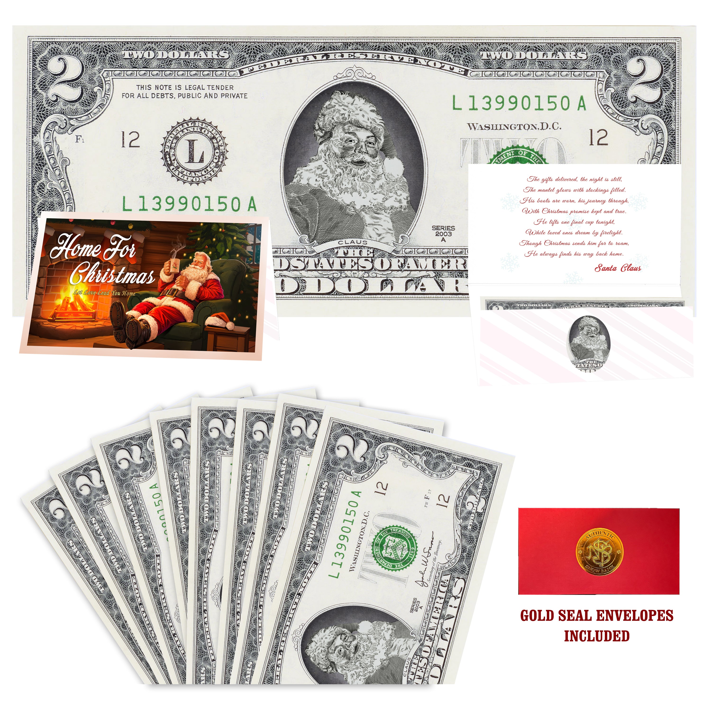 Eight $2 Santa Dollars featuring Classic Santa with Home for Christmas folded Christmas cards and gold-seal envelopes.