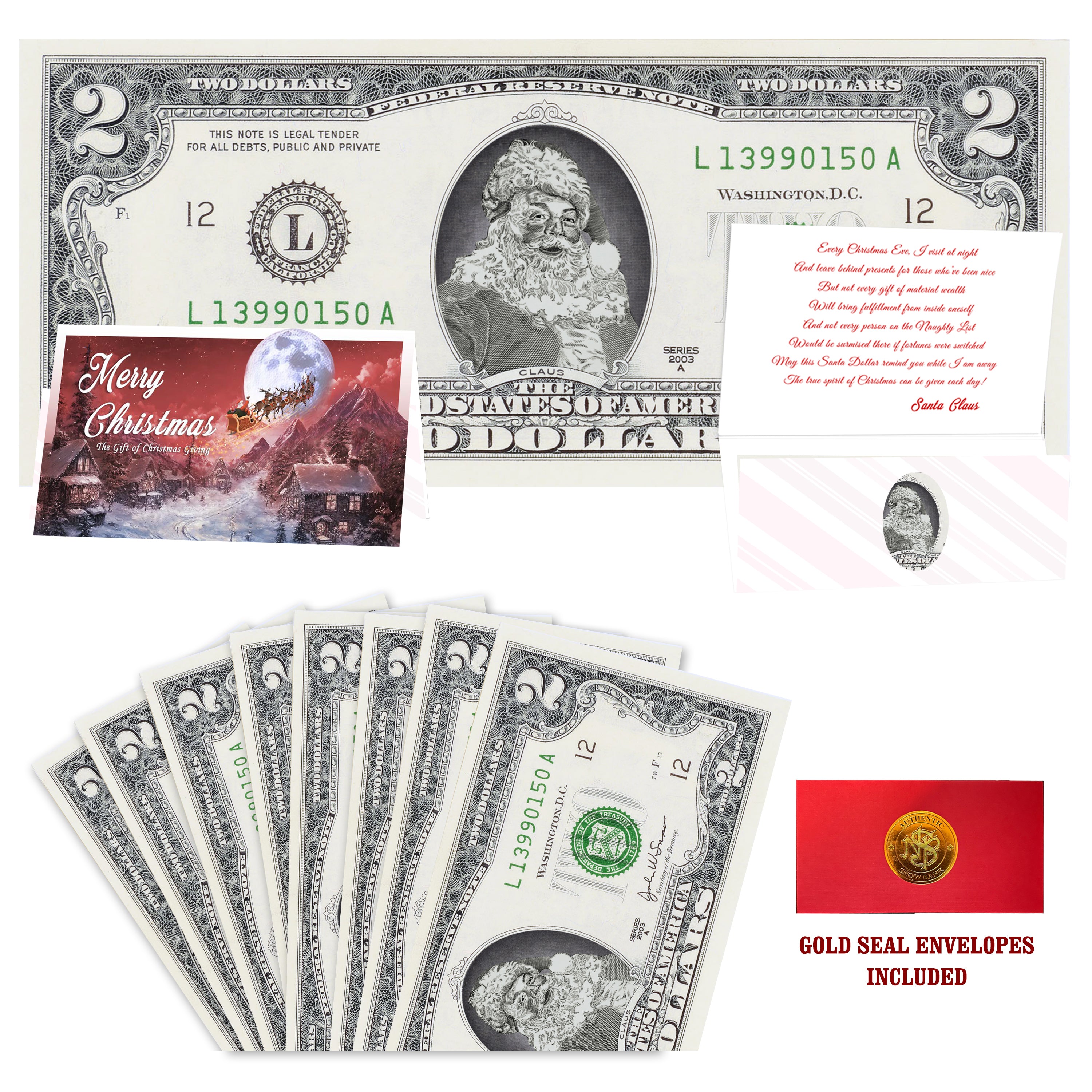Eight $2 Santa Dollars featuring Classic Santa with To All a Goodnight folded Christmas cards and gold-seal envelopes.