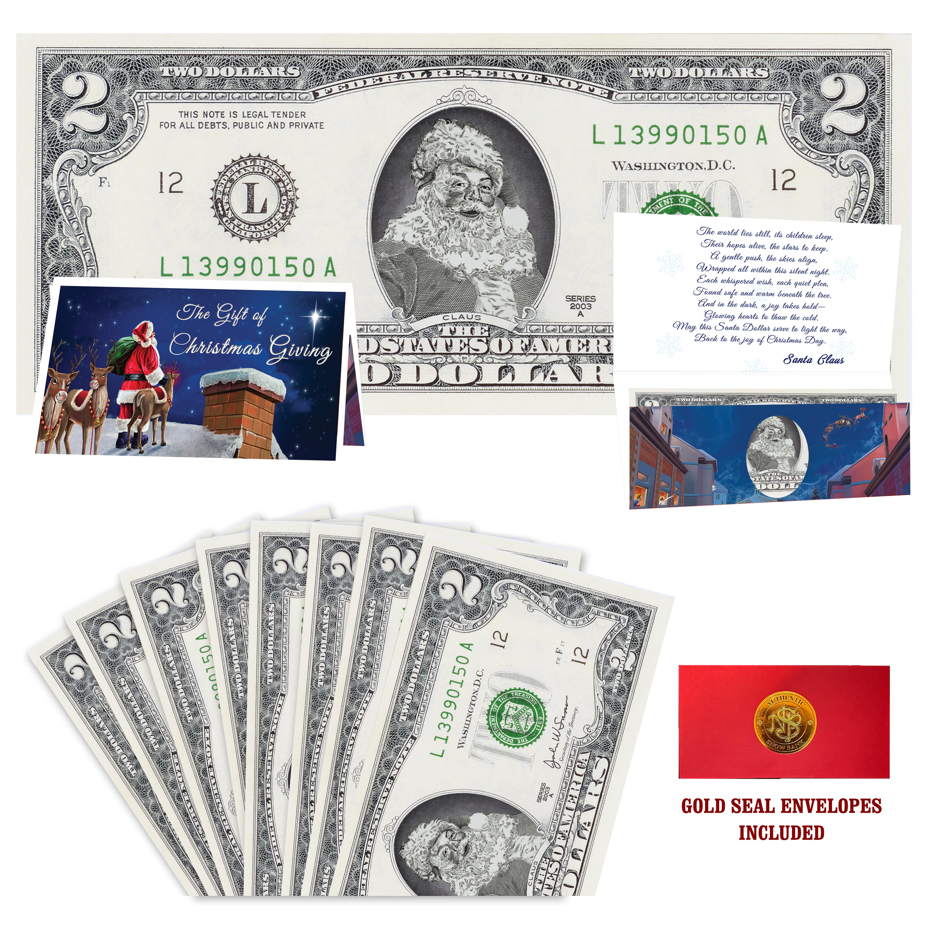 Eight $2 Santa Dollars featuring Classic Santa with Reindeer on Rooftops folded Christmas cards and gold-seal envelopes.