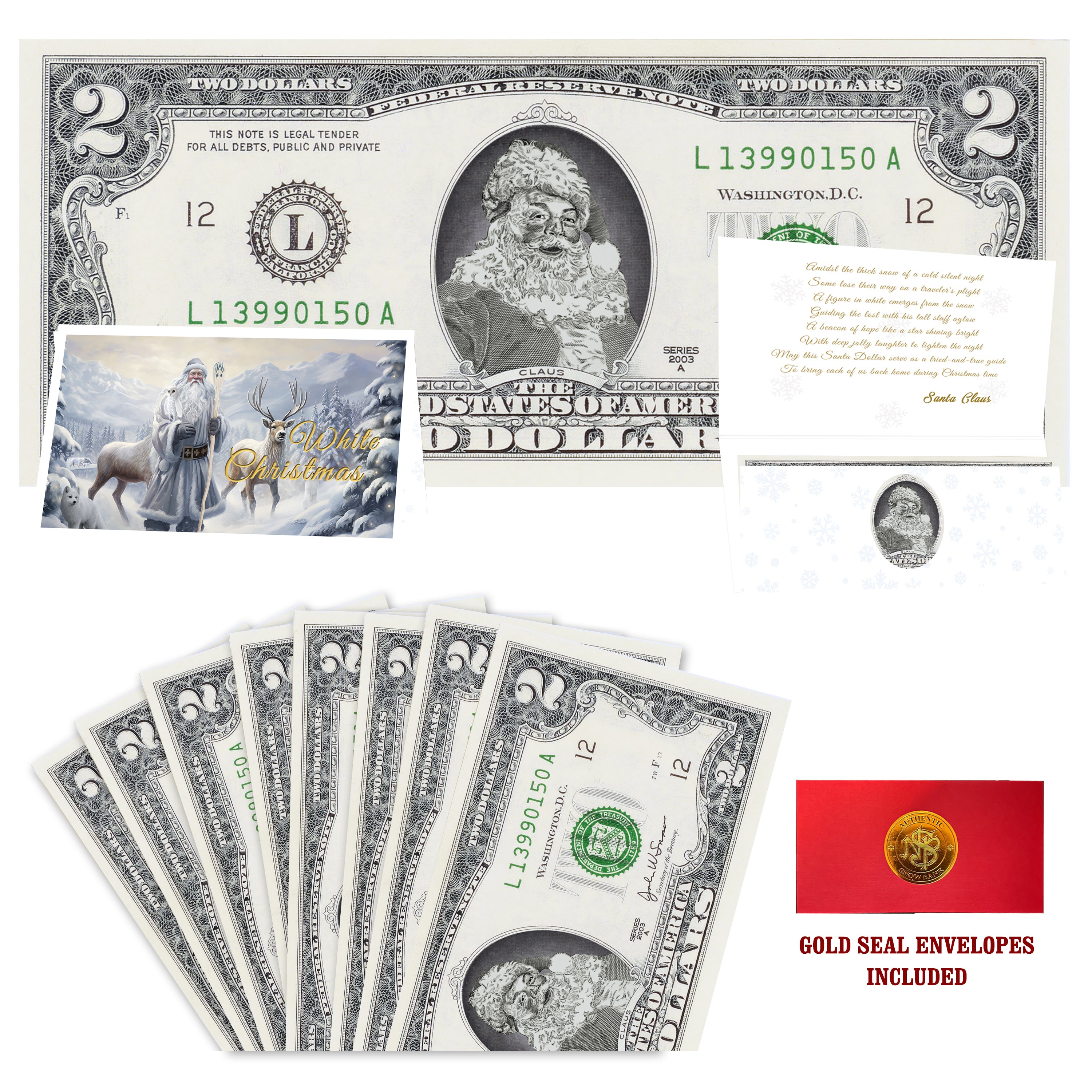 Eight $2 Santa Dollars featuring Classic Santa with White Christmas folded Christmas cards and gold-seal envelopes.