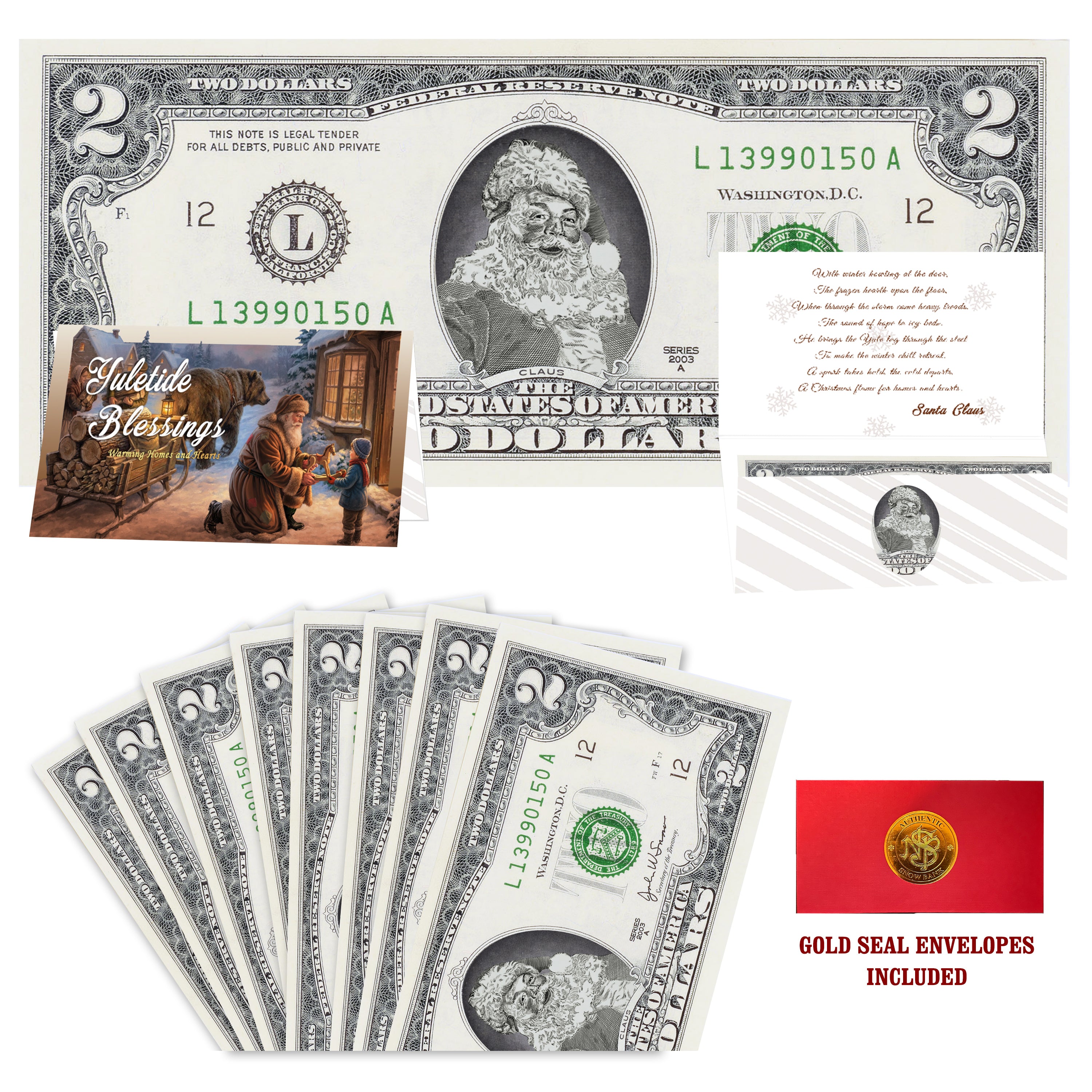 Eight $2 Santa Dollars featuring Classic Santa with Yuletide Blessings folded Christmas cards and gold-seal envelopes.